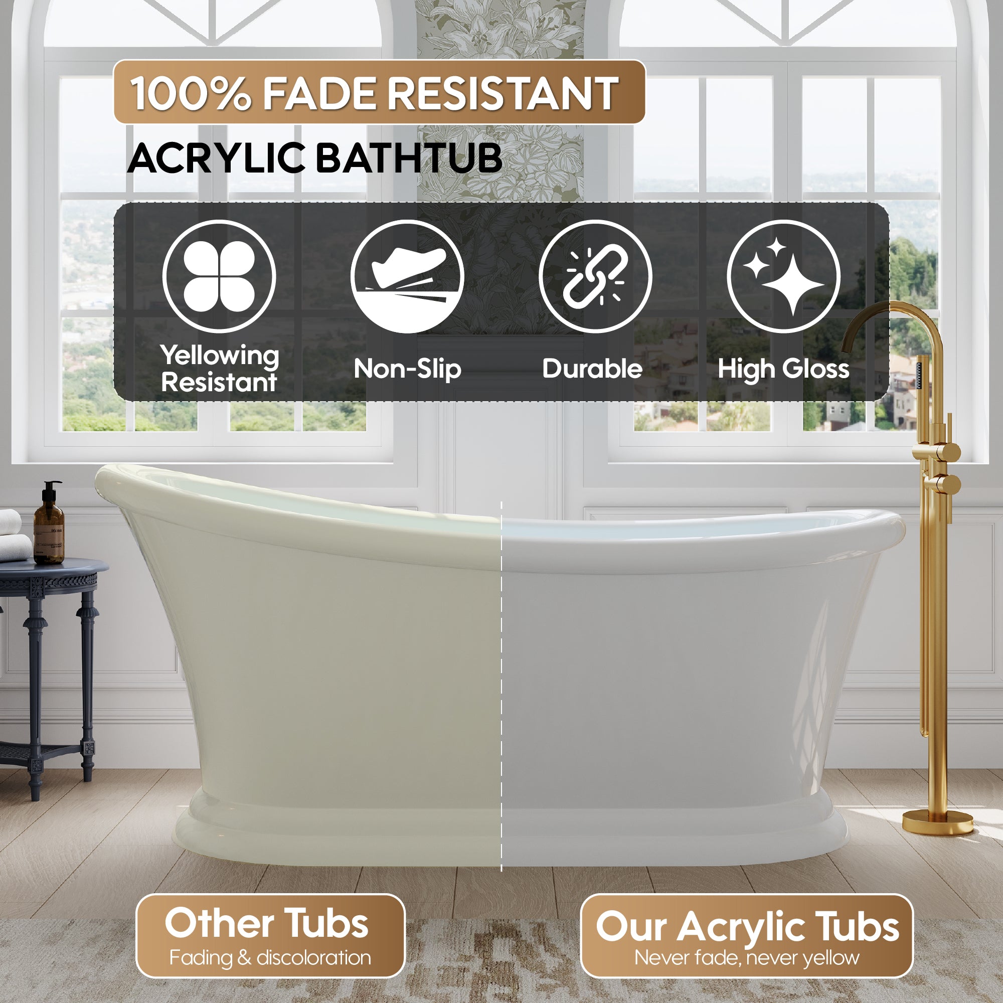 67" Acrylic Modern Freestanding Soaking Bathtub, Overflow and Drain Included