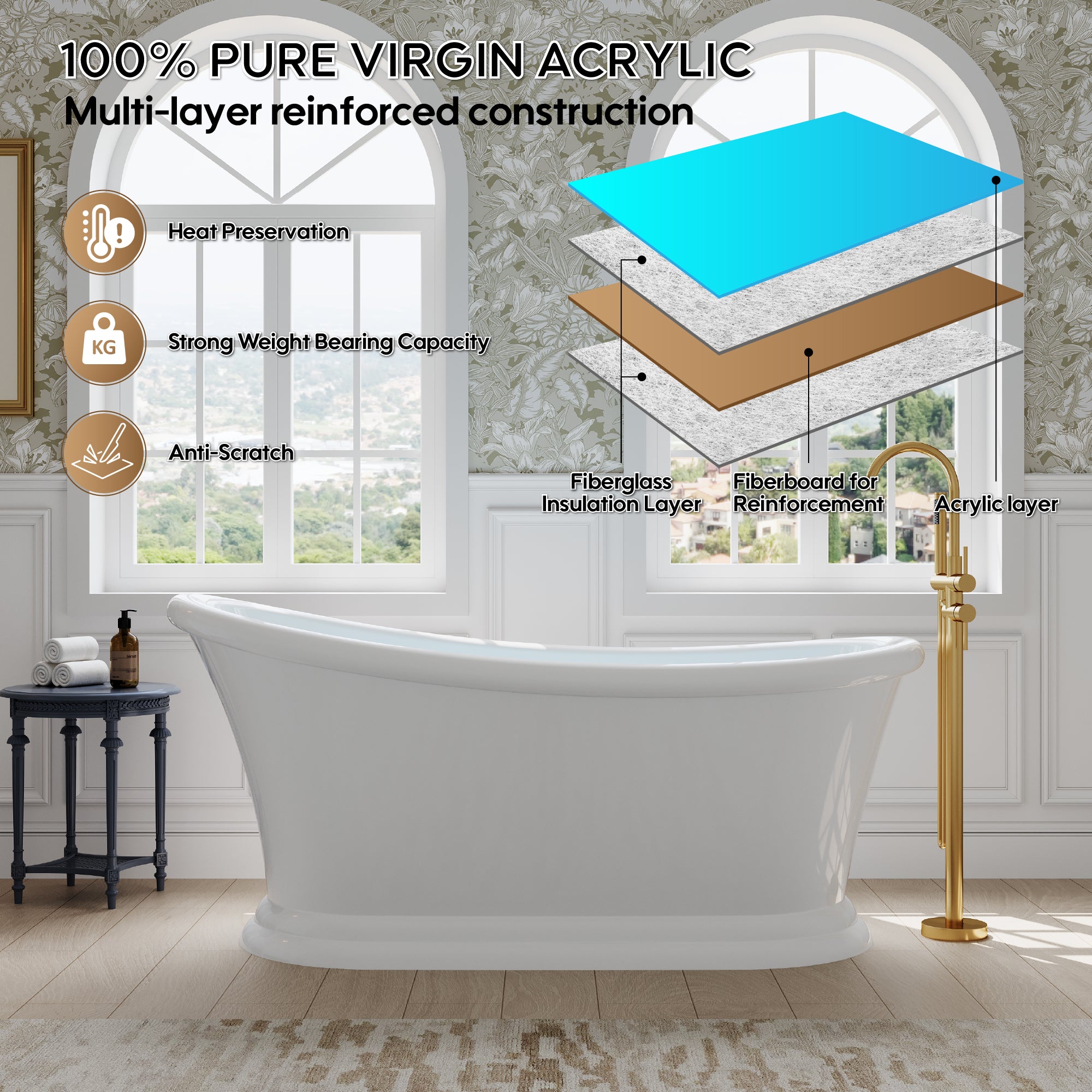 67" Acrylic Modern Freestanding Soaking Bathtub, Overflow and Drain Included