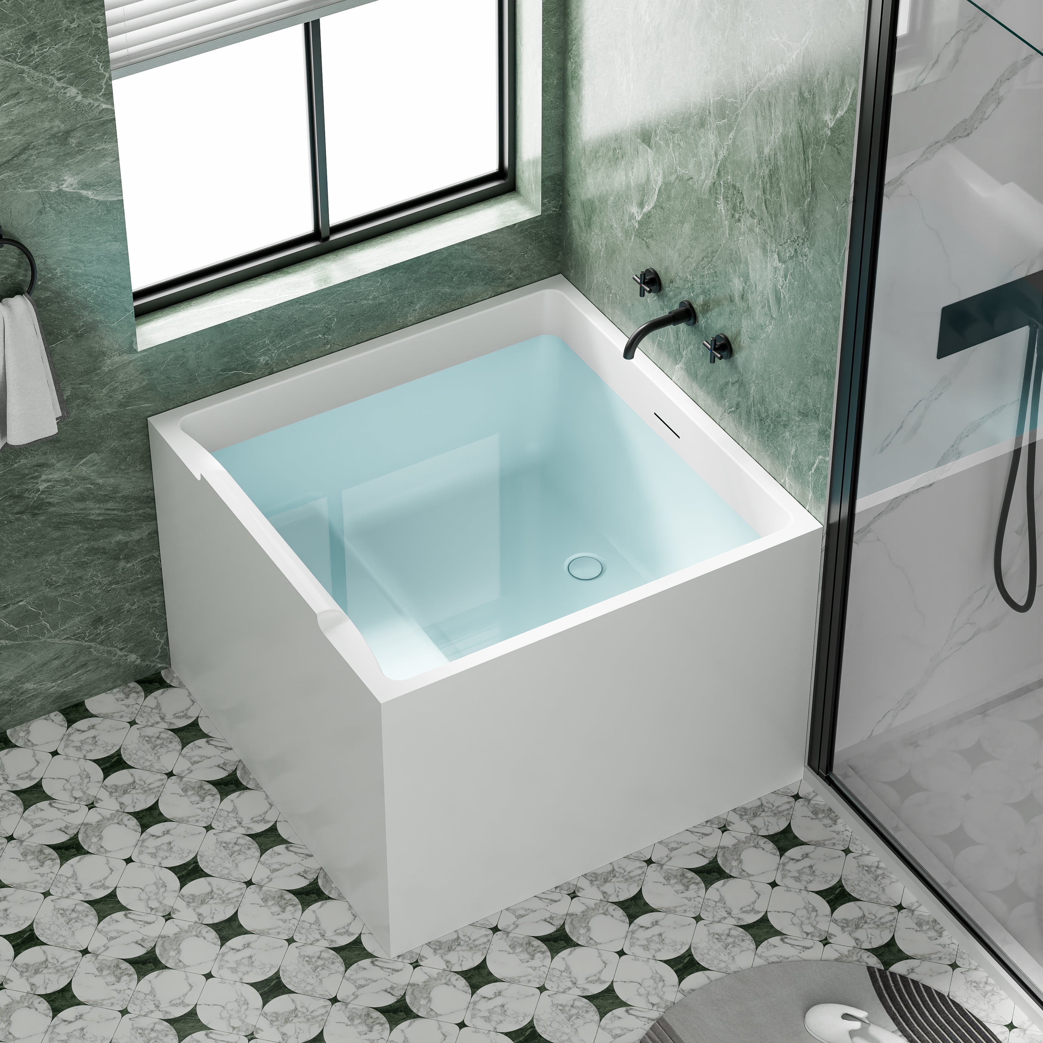 39 in. x 39 in. Acrylic Square Freestanding Soaking Bathtub with Groove Overflow and Pop-up Drainer, White