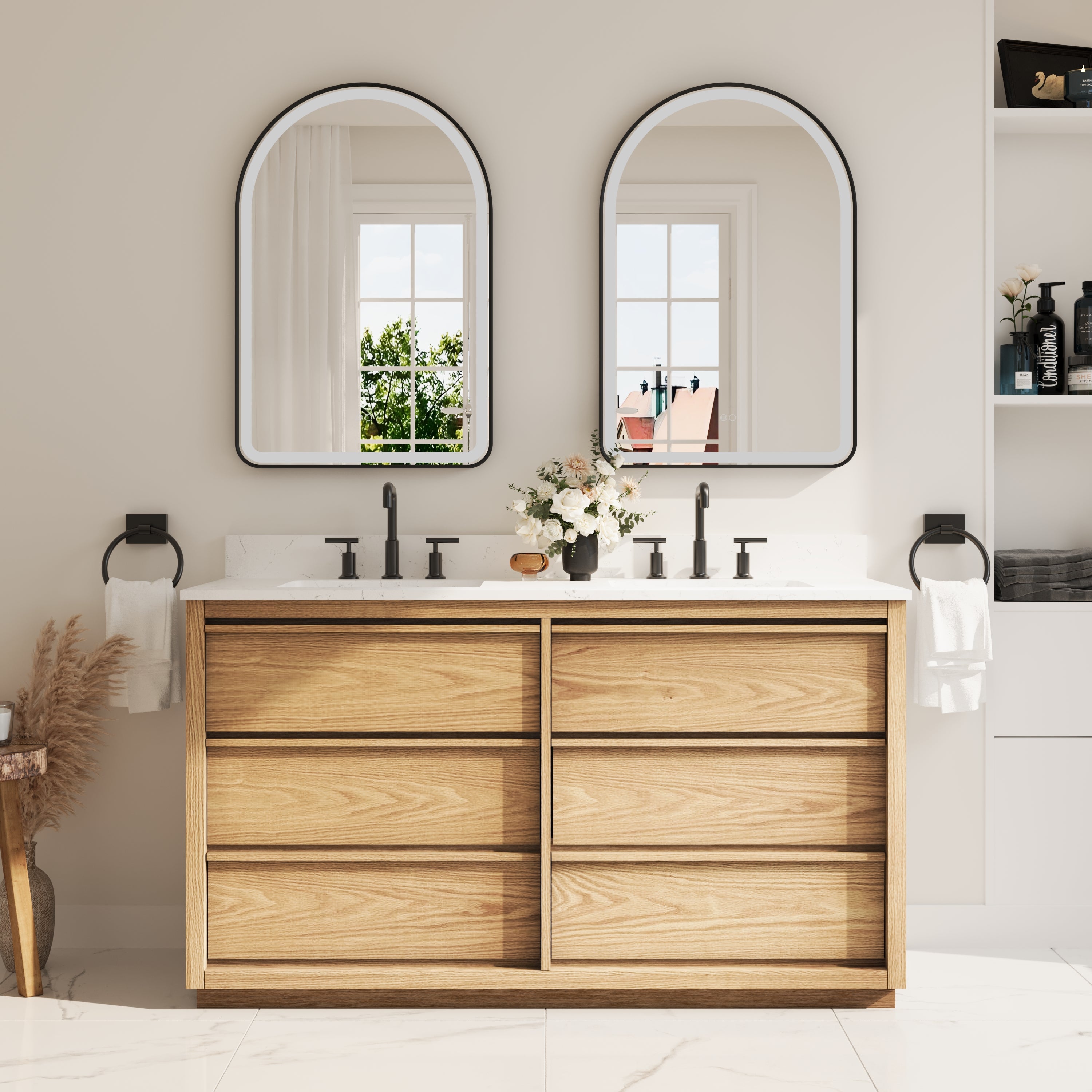 60 Inch Oak Soild Wood Bathroom Vanity with Double Undermount Sinks, 6 Dovetail-constructed Drawers