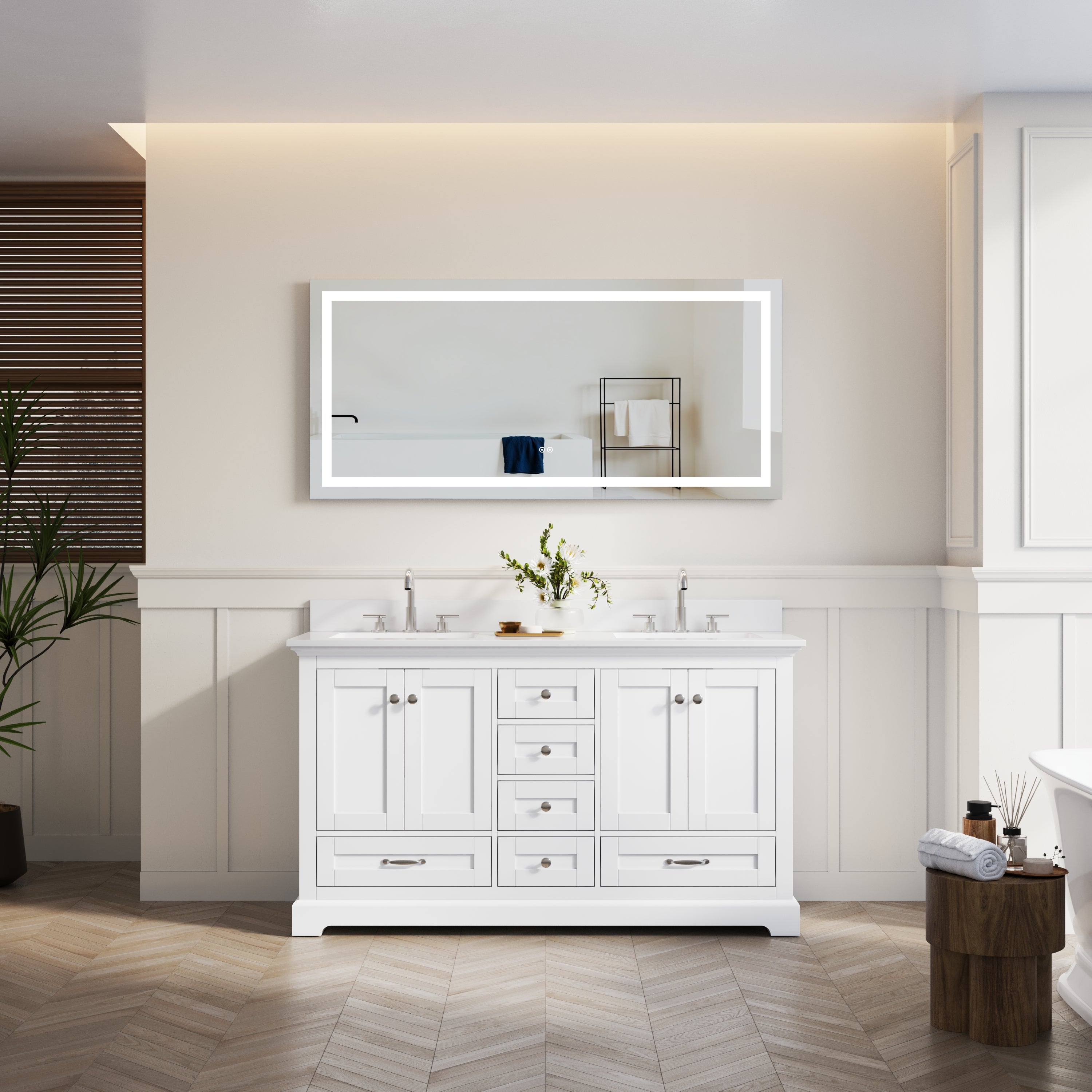 60 Inch White Bathroom Vanity with 2 cUPC Undermount Basins with 4 Doors and 6 Drawers
