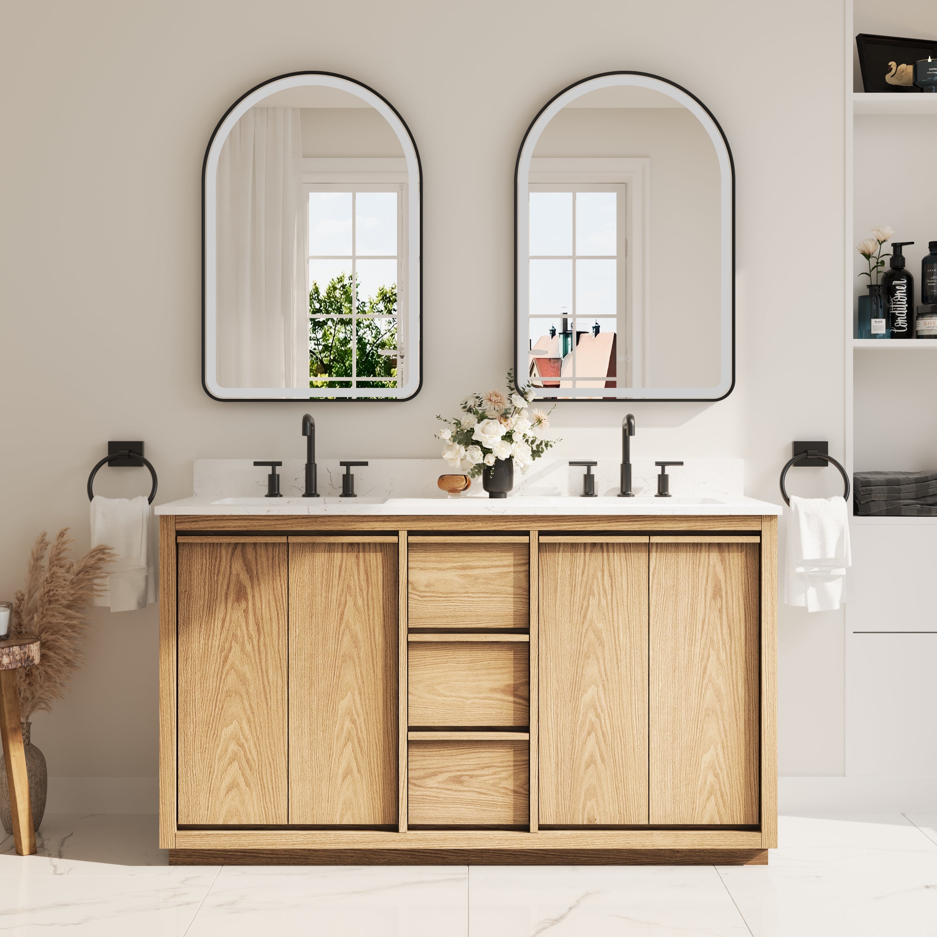 60 Inch Oak Soild Wood Bathroom Vanity with Double Undermount Sinks, 3 Dovetail-constructed Drawers and 4 Soft-close Doors
