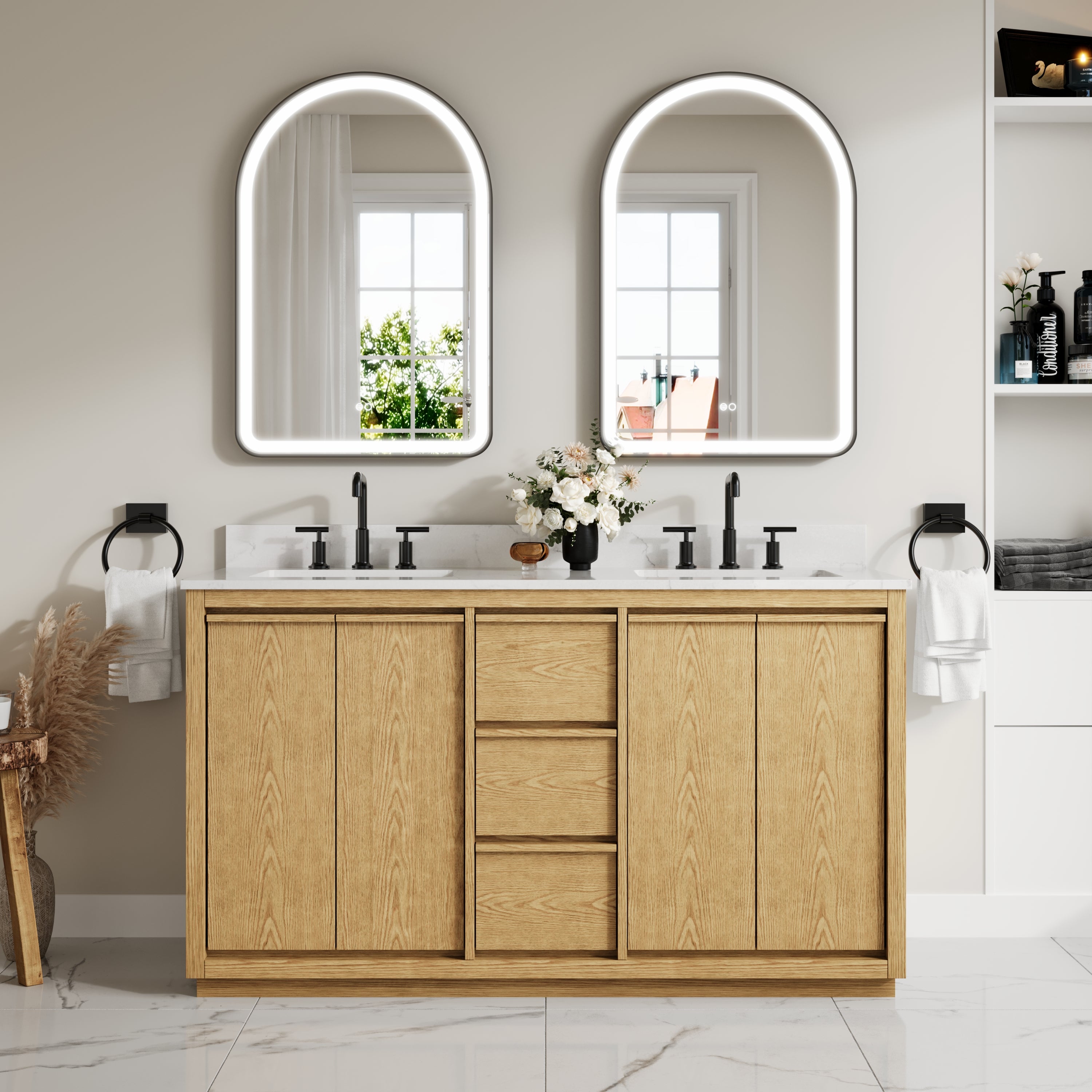 60 Inch Oak Soild Wood Bathroom Vanity with Double Undermount Sinks, 3 Dovetail-constructed Drawers and 4 Soft-close Doors