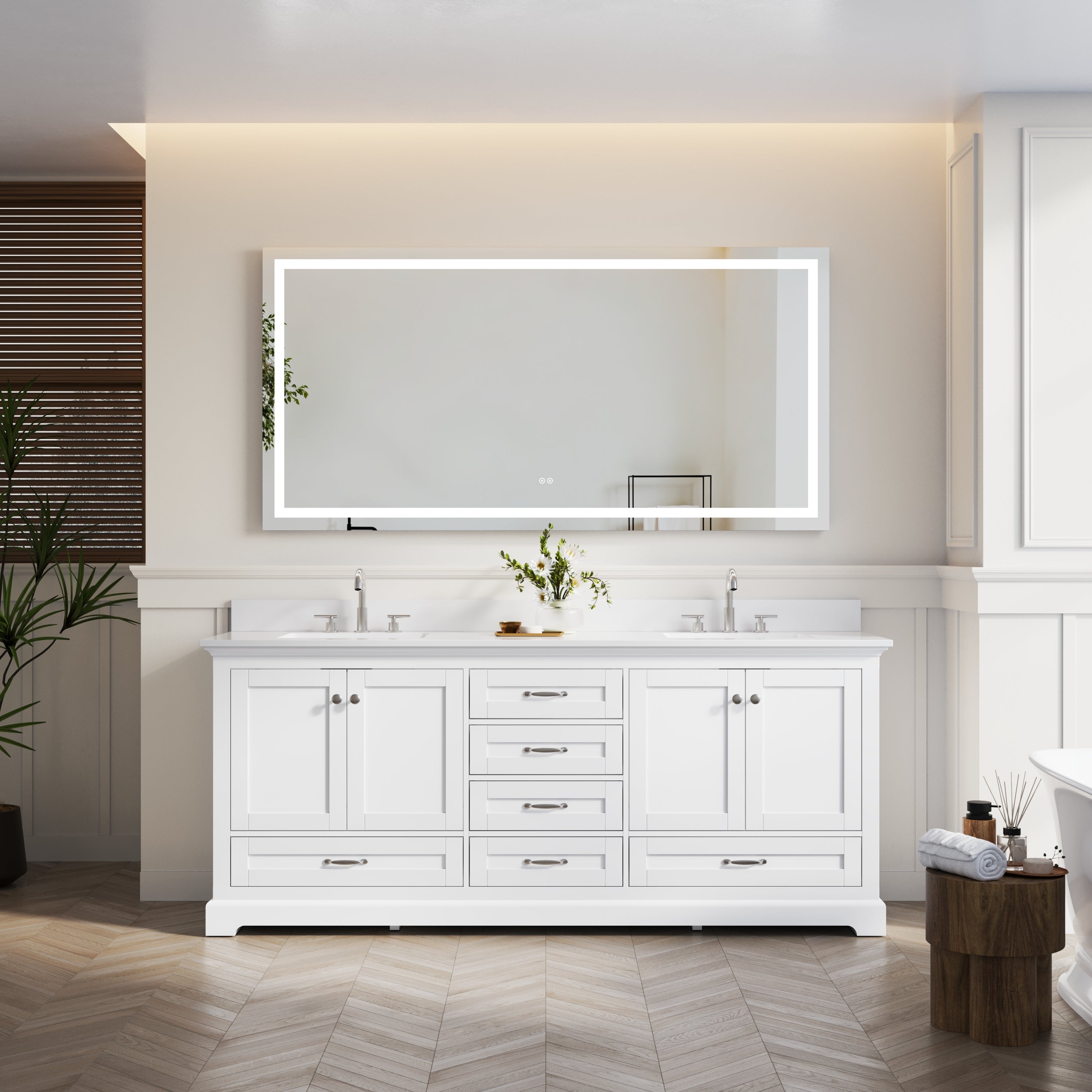 80" White Double Sinks Bathroom Vanity with Solid Wood Frame, Soft Close 6 Drawers, Pure White Cultured Marble Countertop