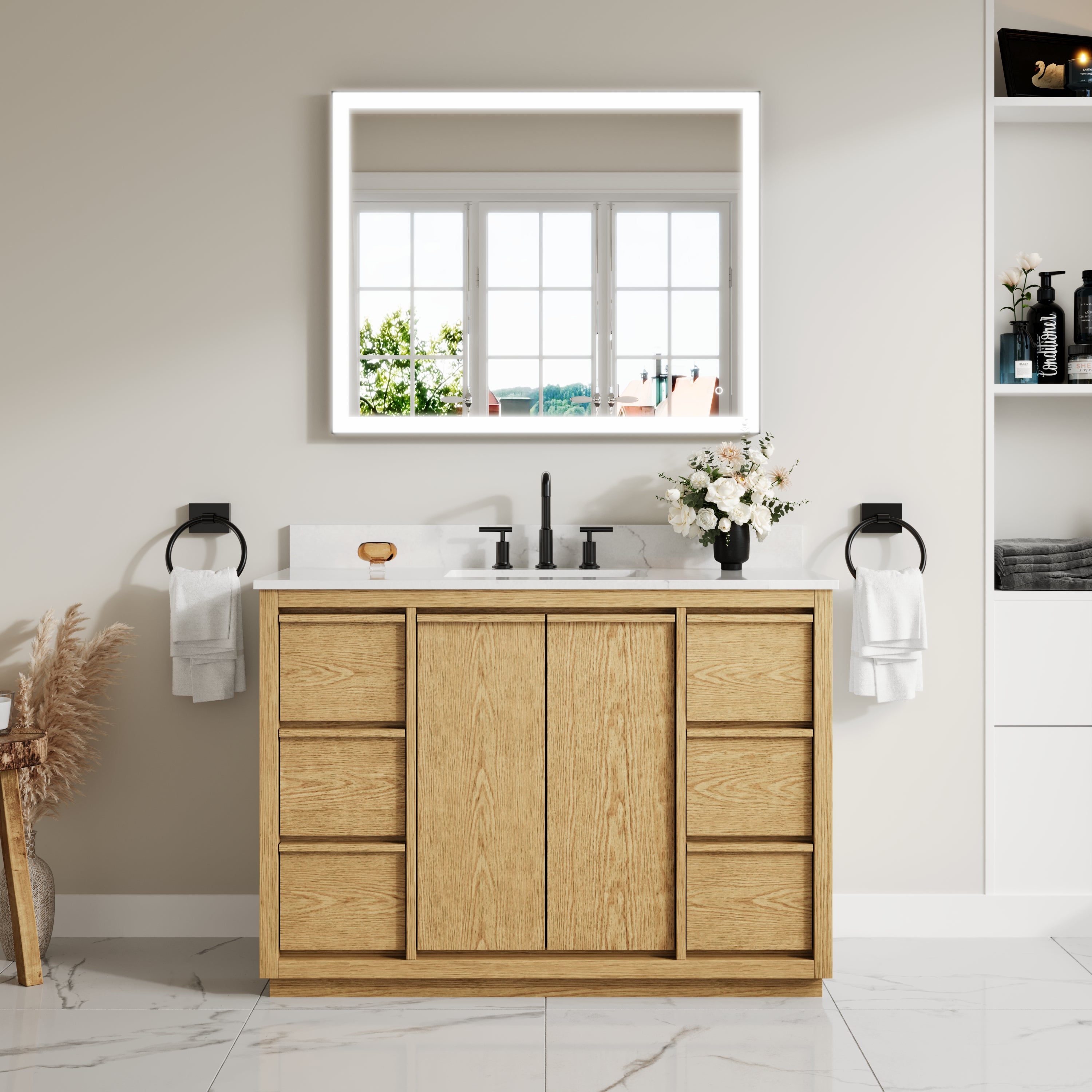 48 Inch Oak Soild Wood Bathroom Vanity with Sink, 6 Dovetail-constructed Drawers and 2 Soft-close Doors