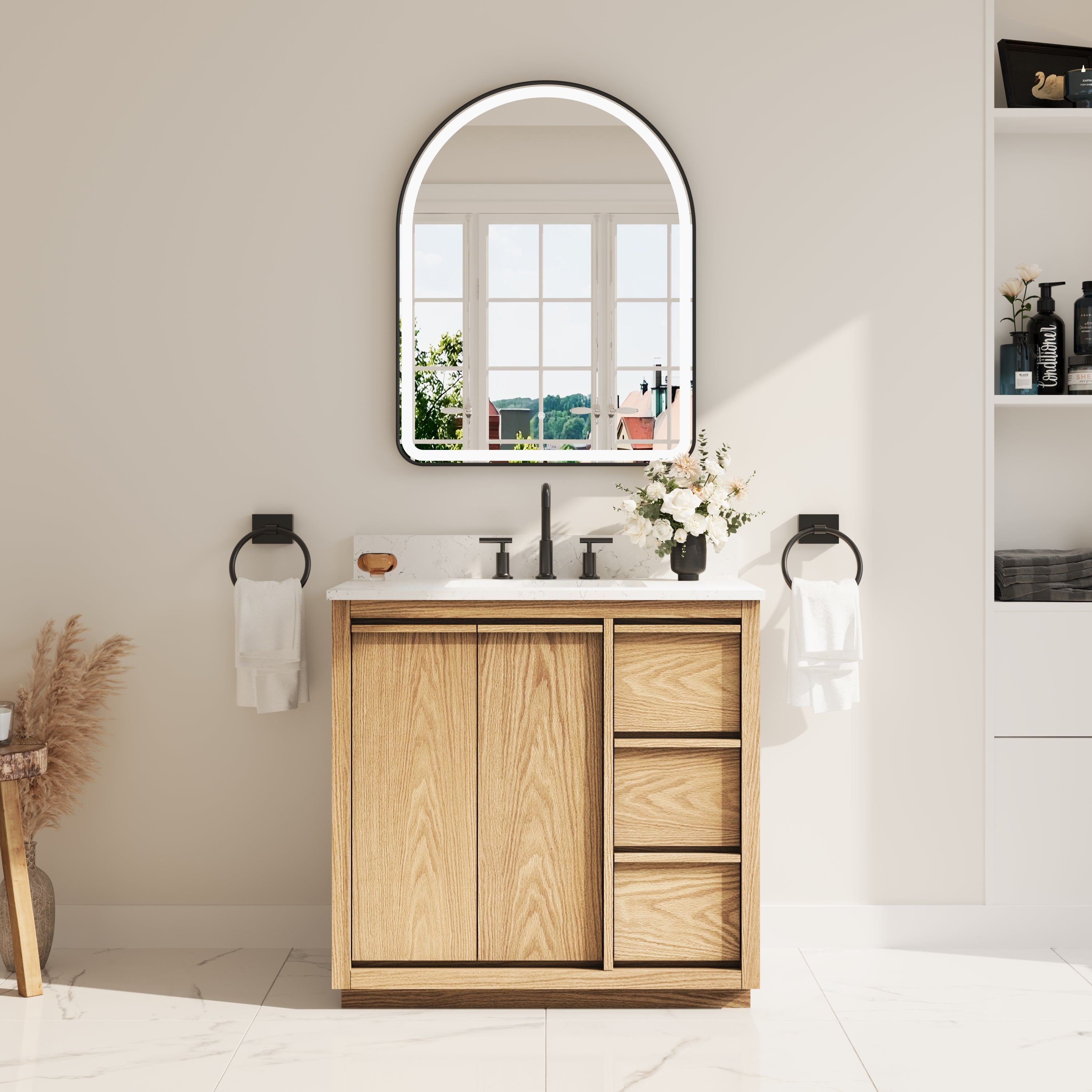 36 Inch Oak Soild Wood Bathroom Vanity with Sink, 3 Dovetail-constructed Drawers and 2 Soft-close Doors