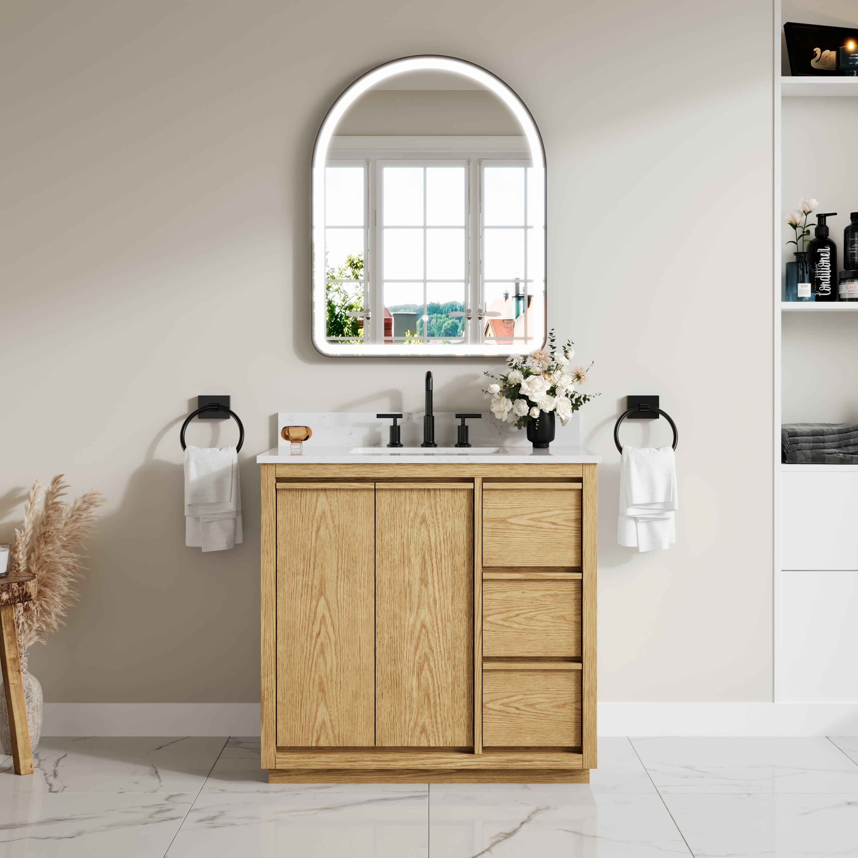 36 Inch Oak Soild Wood Bathroom Vanity with Sink, 3 Dovetail-constructed Drawers and 2 Soft-close Doors
