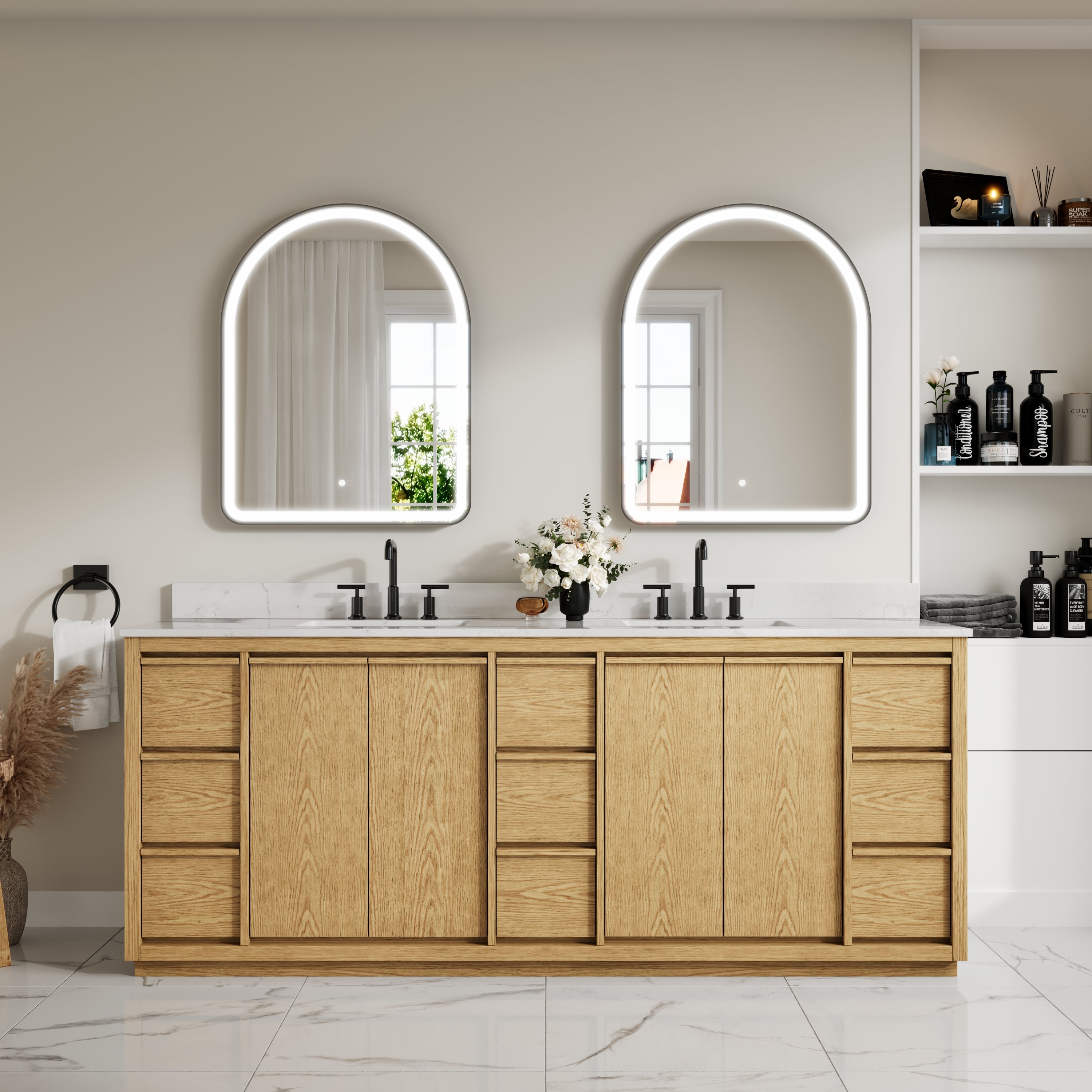 84 Inch Oak Soild Wood Bathroom Vanity with Double Undermount Sinks, 9 Dovetail-constructed Drawers and 4 Soft-close Doors