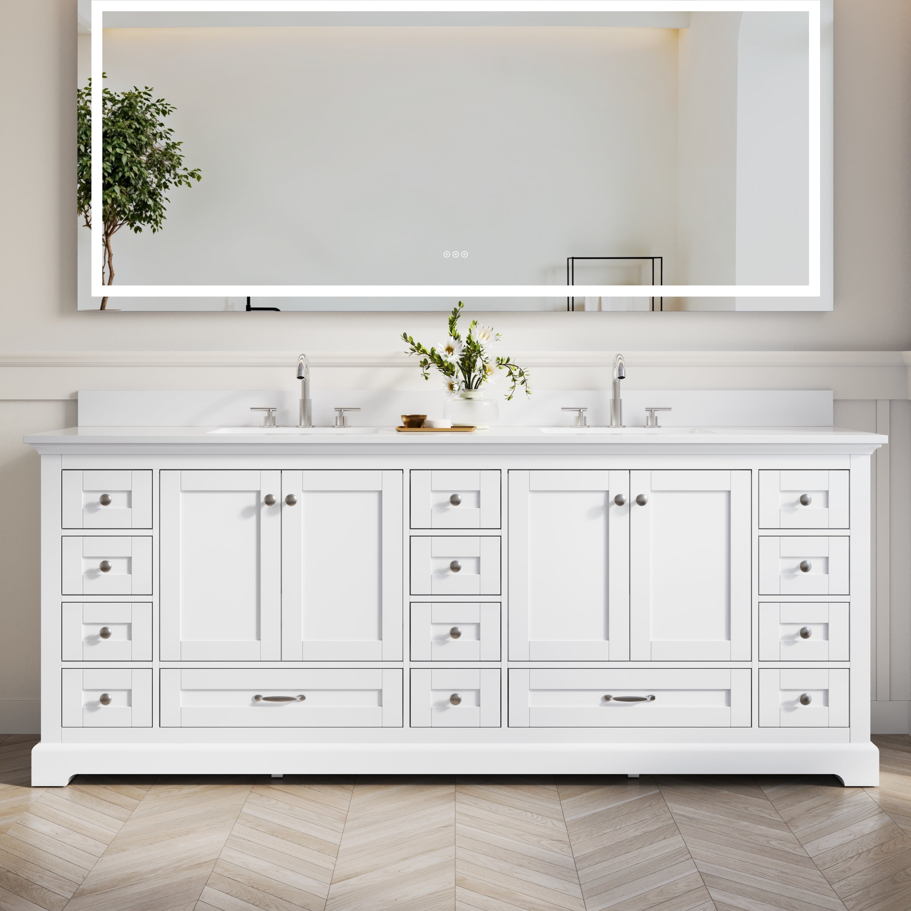 84" White Double Sink Bathroom Vanity with Solid Wood Frame, Soft Close 14 Drawers & White Cultured Marble Countertop