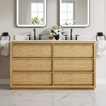 60 Inch Oak Soild Wood Bathroom Vanity with Double Undermount Sinks, 6 Dovetail-constructed Drawers