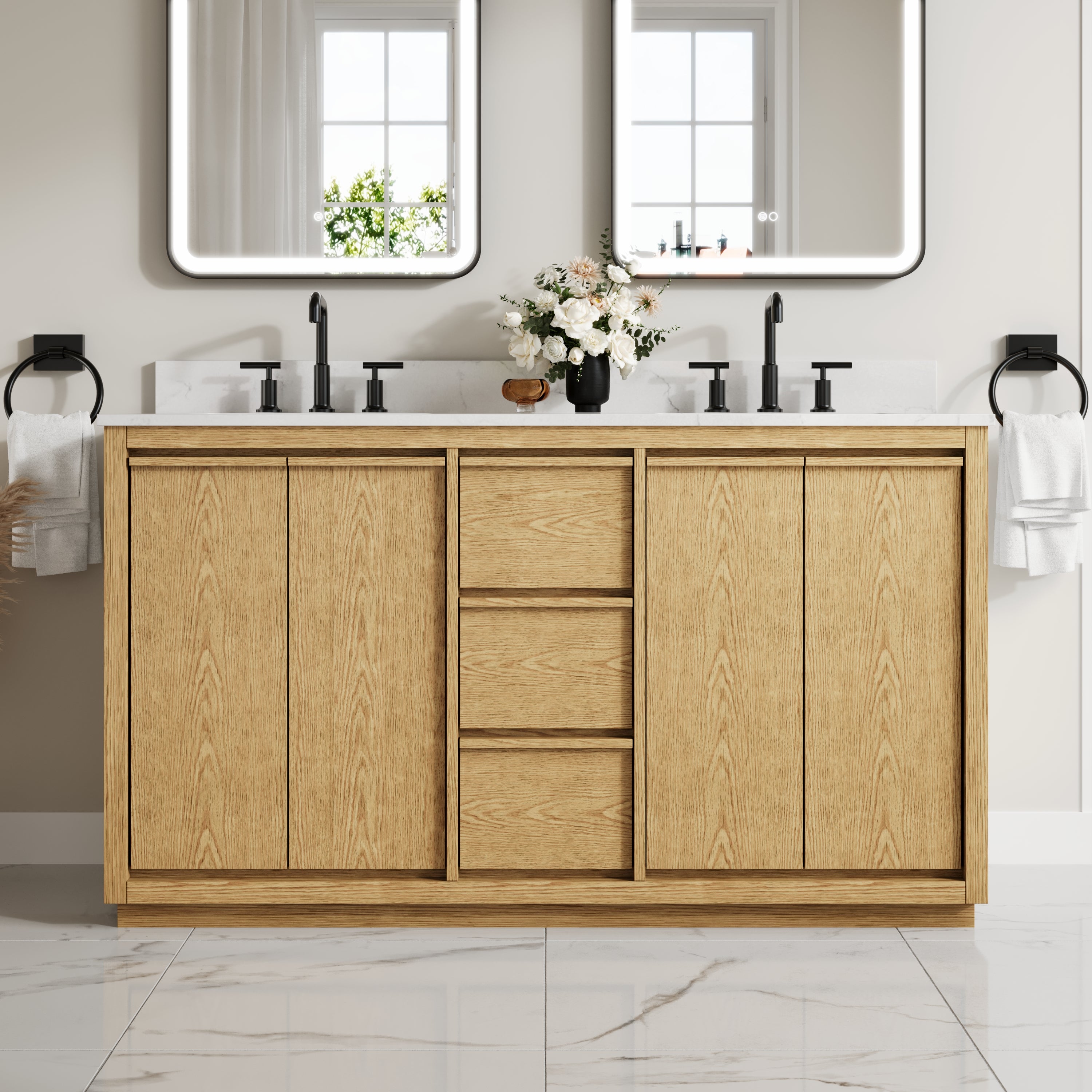 60 Inch Oak Soild Wood Bathroom Vanity with Double Undermount Sinks, 3 Dovetail-constructed Drawers and 4 Soft-close Doors