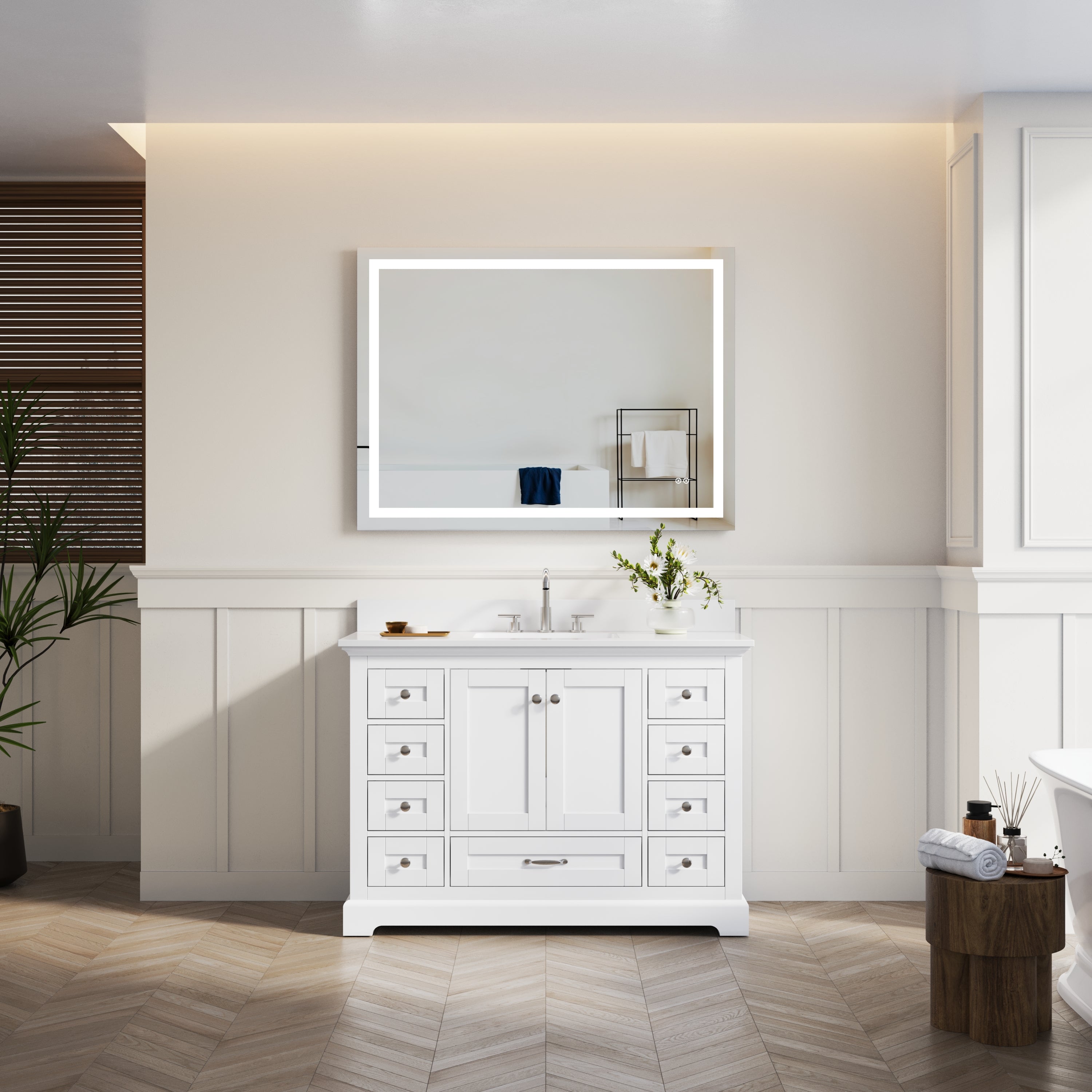 48 Inch White Bathroom Vanity with cUPC Undermount Basin with 2 Doors and 9 Drawers