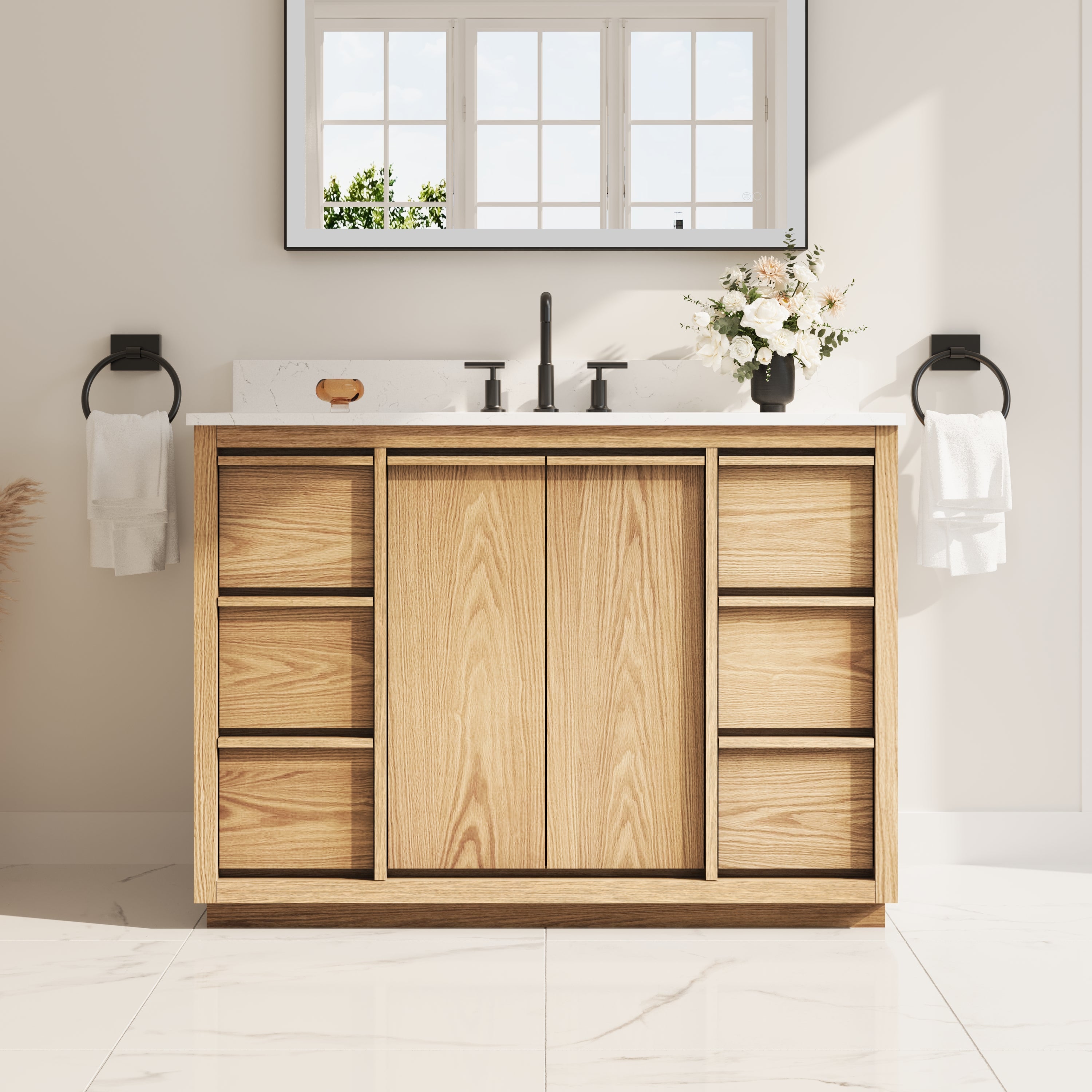 48 Inch Oak Soild Wood Bathroom Vanity with Sink, 6 Dovetail-constructed Drawers and 2 Soft-close Doors