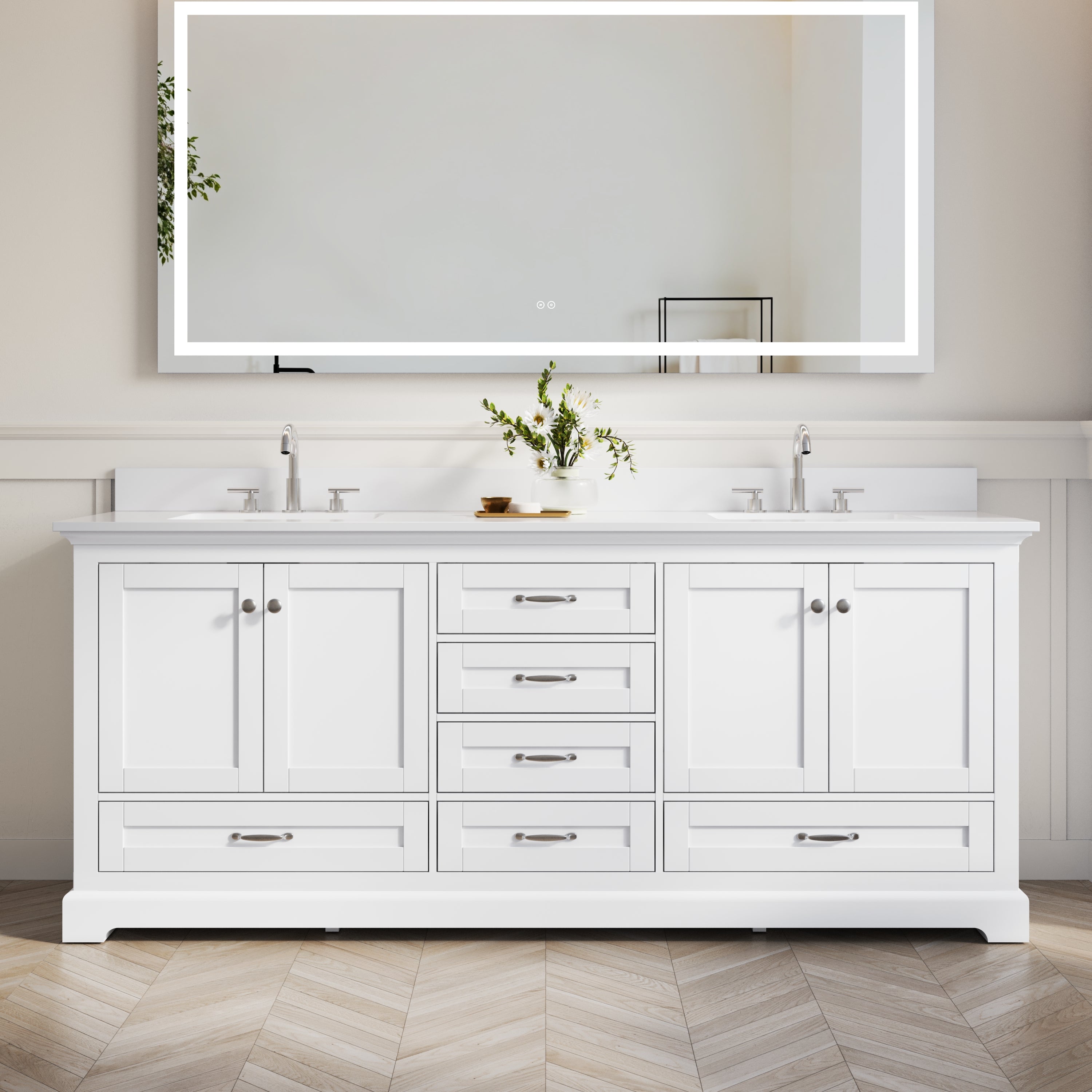 80" White Double Sink Bathroom Vanity with Solid Wood Frame, Soft Close 6 Drawers, White Cultured Marble Countertop