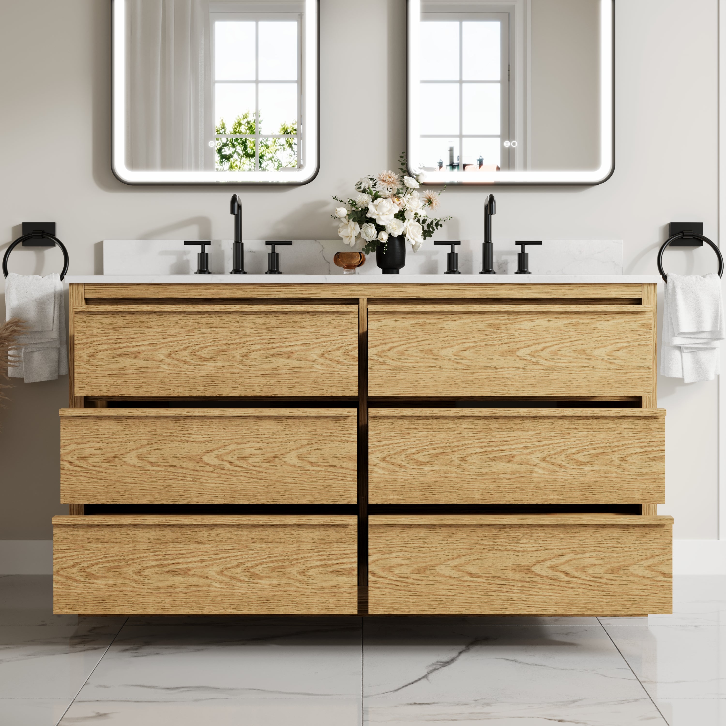 60 Inch Oak Soild Wood Bathroom Vanity with Double Undermount Sinks, 6 Dovetail-constructed Drawers