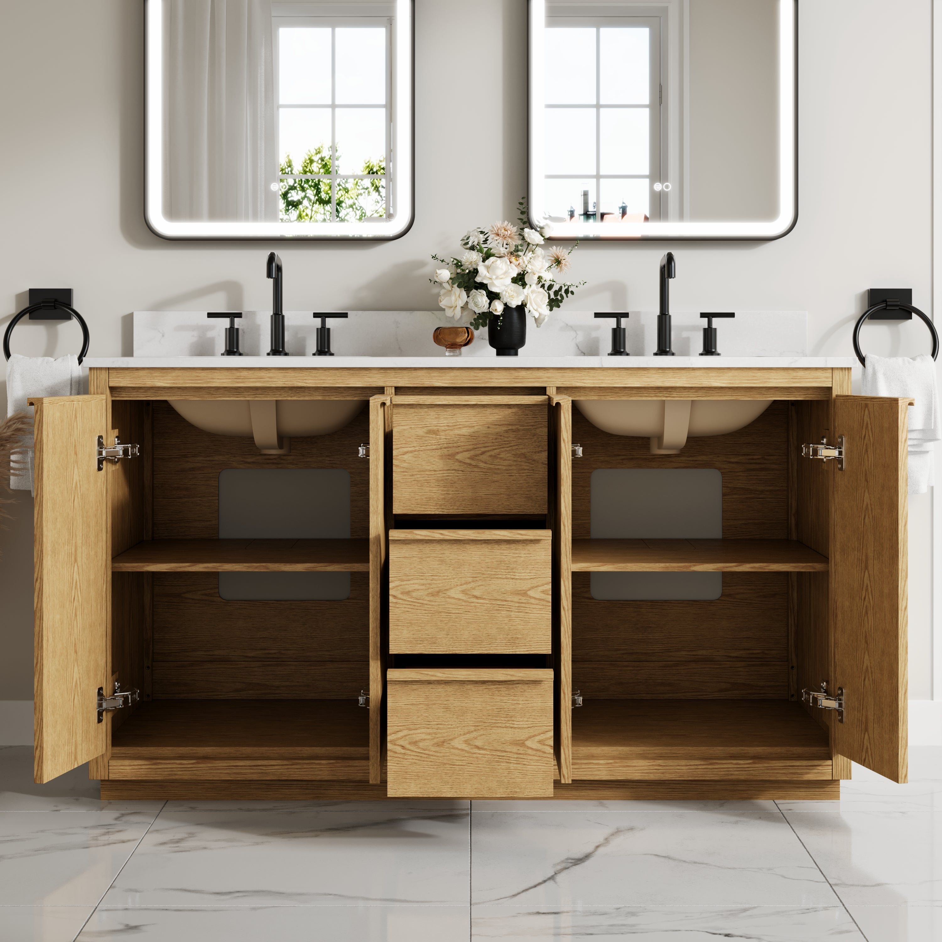 60 Inch Oak Soild Wood Bathroom Vanity with Double Undermount Sinks, 3 Dovetail-constructed Drawers and 4 Soft-close Doors