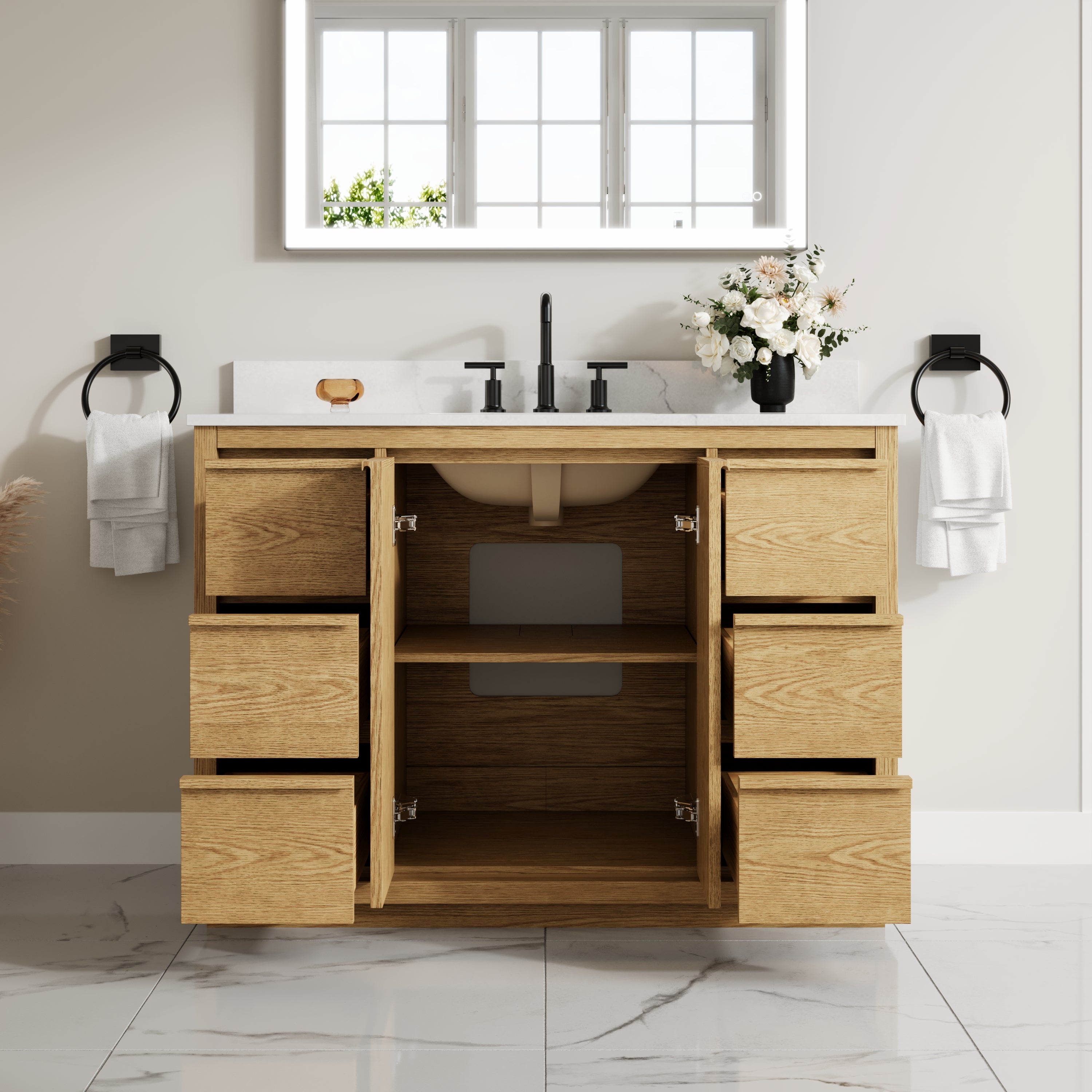 48 Inch Oak Soild Wood Bathroom Vanity with Sink, 6 Dovetail-constructed Drawers and 2 Soft-close Doors