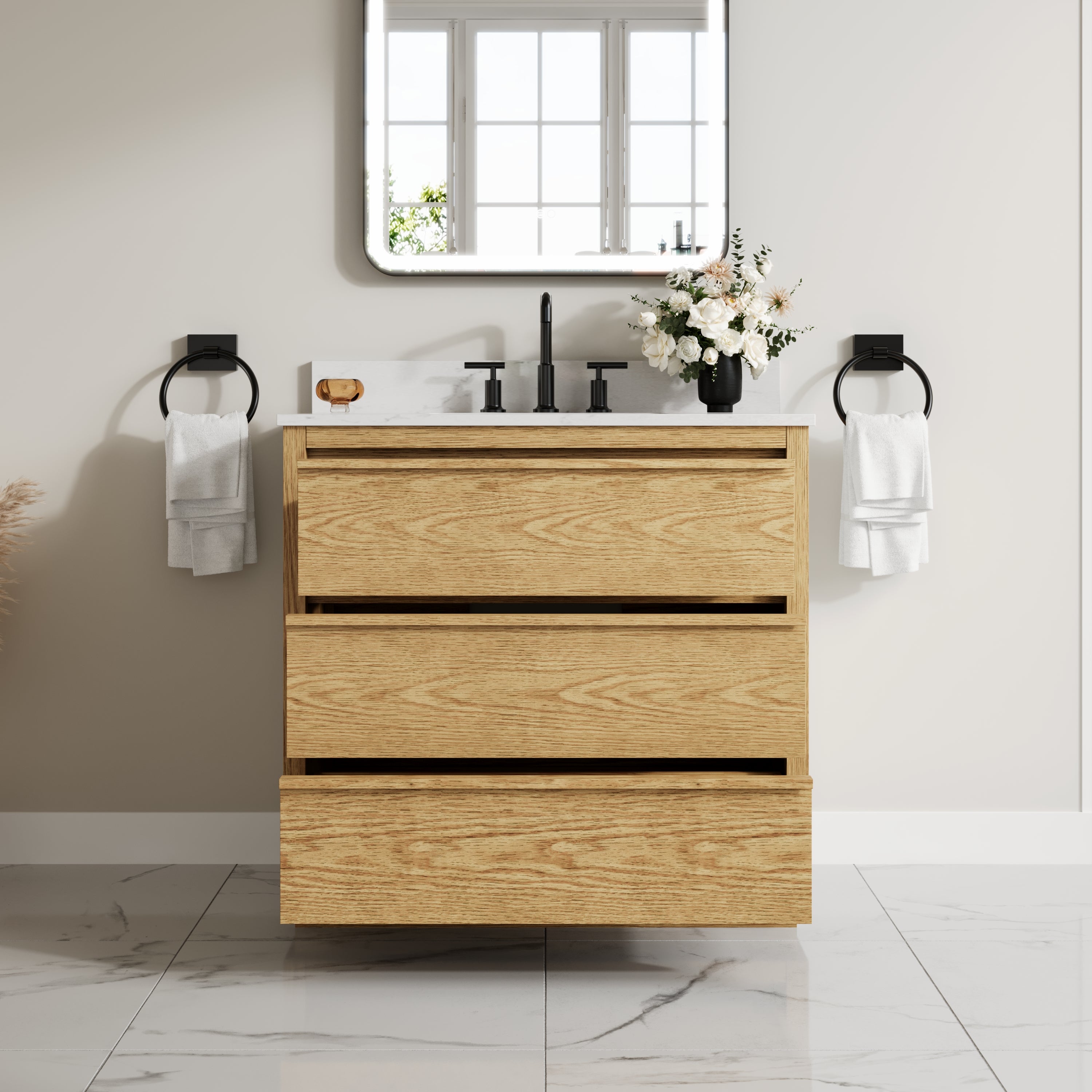 36 Inch Oak Soild Wood Bathroom Vanity with Single Undermount Sink, 3 Dovetail-constructed Drawers