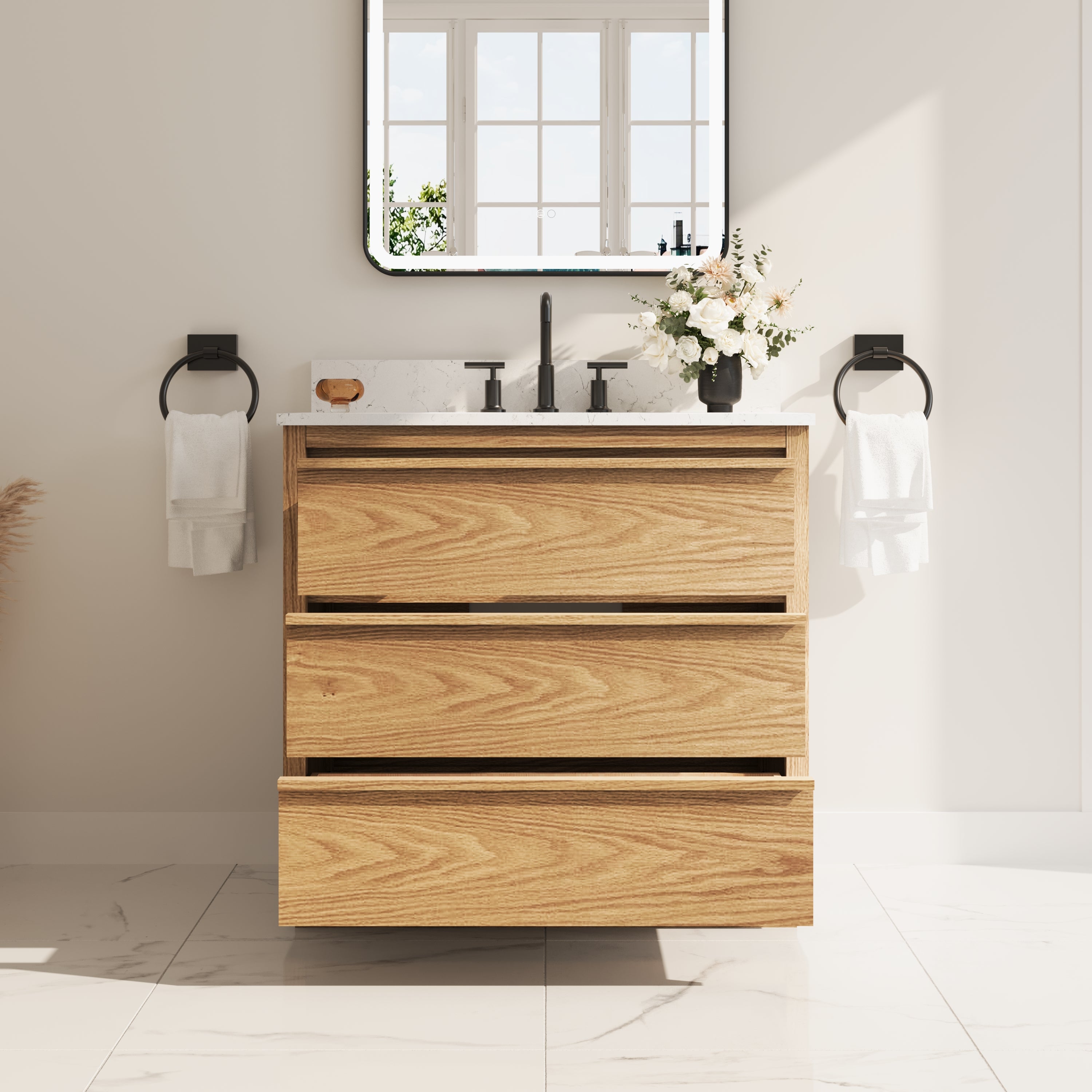 36 Inch Oak Soild Wood Bathroom Vanity with Single Undermount Sink, 3 Dovetail-constructed Drawers