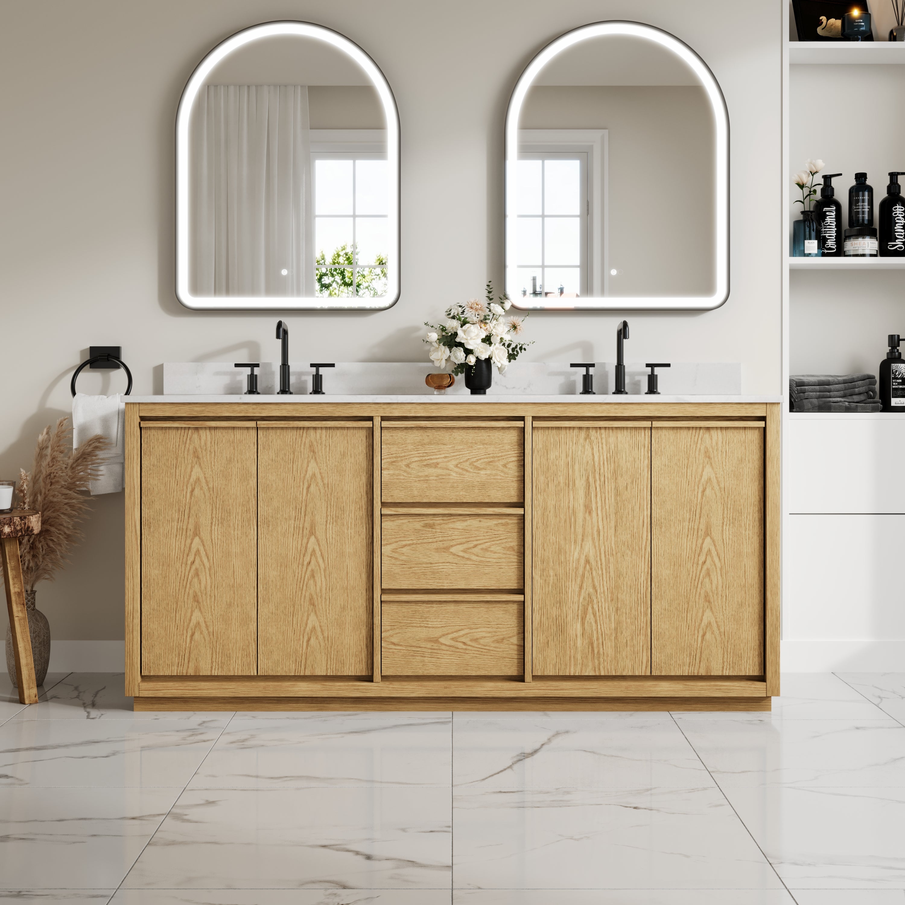 72 Inch Oak Soild Wood Bathroom Vanity with Double Undermount Sinks, 3 Dovetail-constructed Drawers and 4 Soft-close Doors