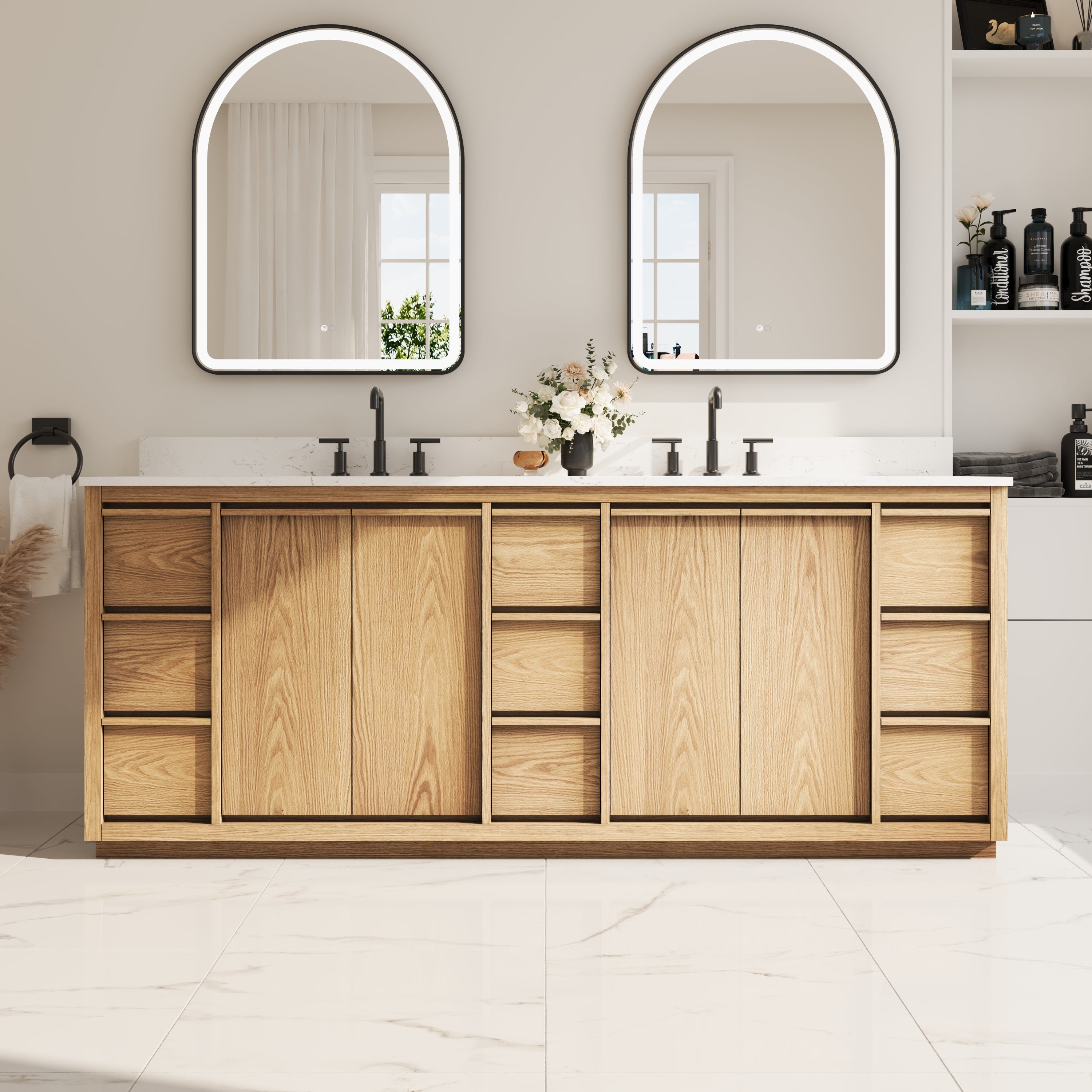 84 Inch Oak Soild Wood Bathroom Vanity with Double Undermount Sinks, 9 Dovetail-constructed Drawers and 4 Soft-close Doors