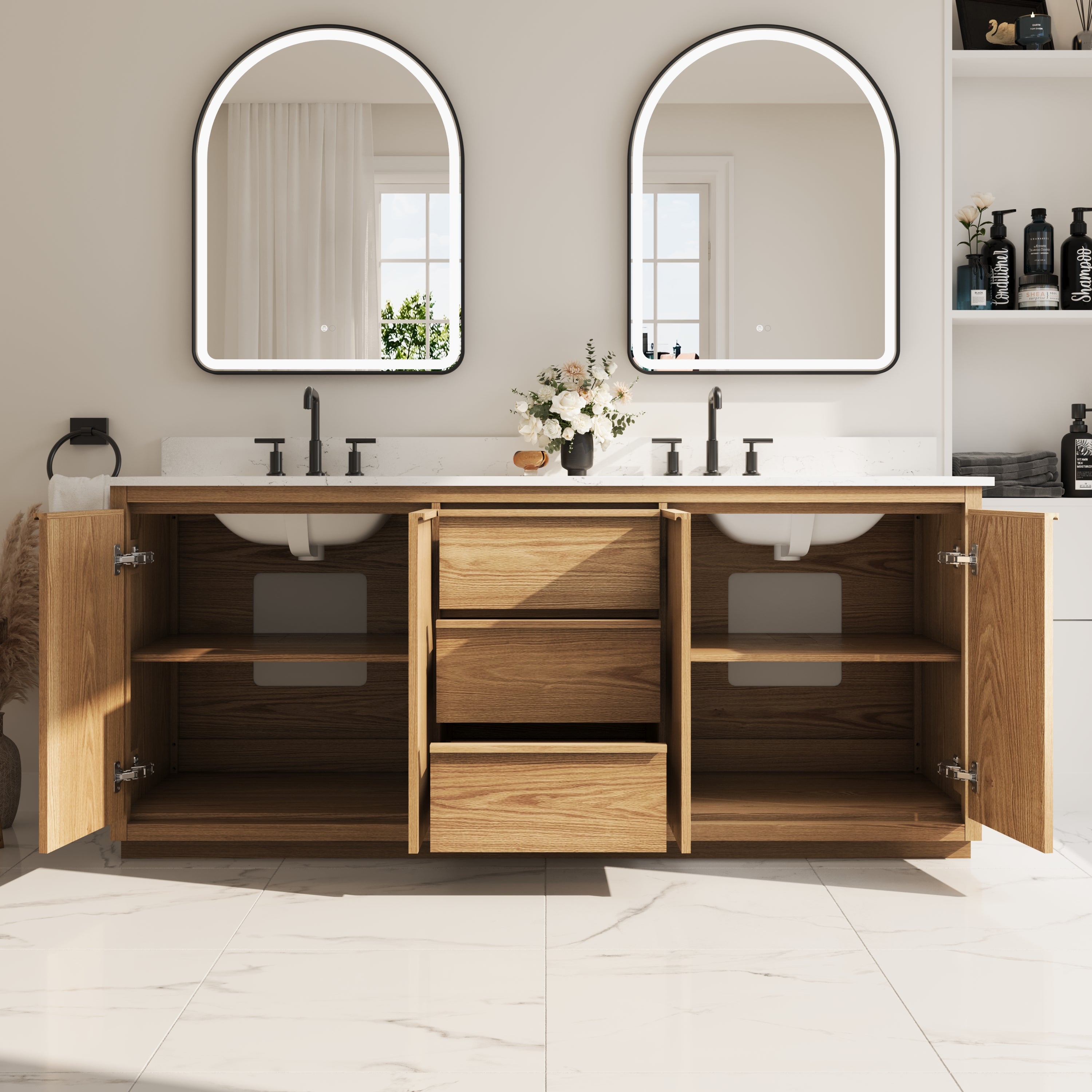 80 Inch Oak Soild Wood Bathroom Vanity with Double Undermount Sinks, 3 Dovetail-constructed Drawers and 4 Soft-close Doors