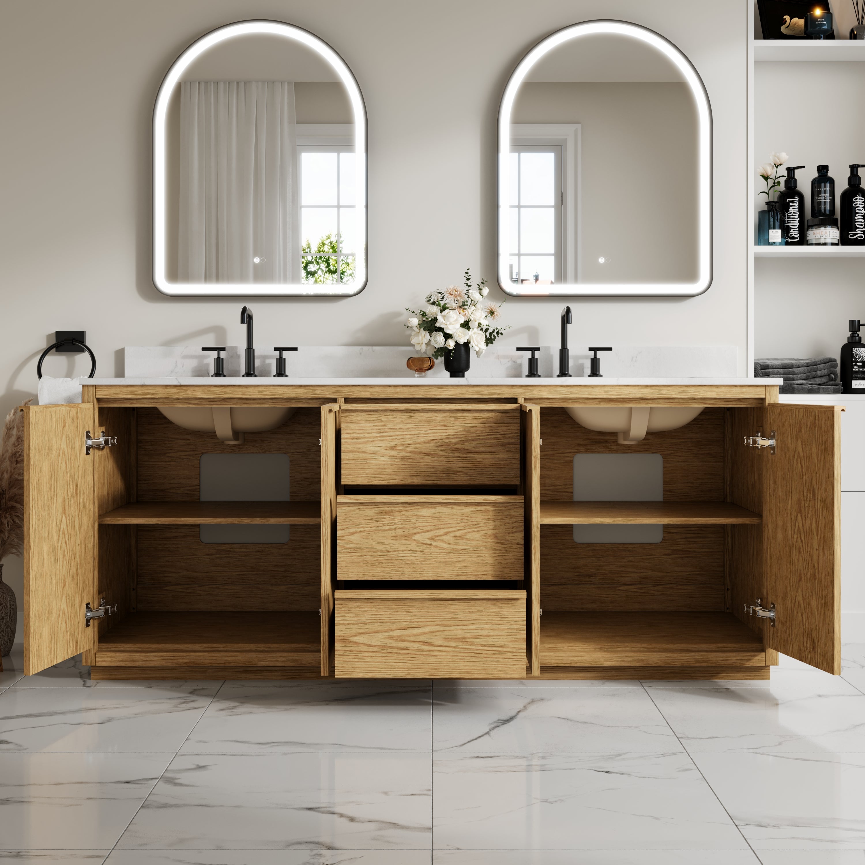 80 Inch Oak Soild Wood Bathroom Vanity with Double Undermount Sinks, 3 Dovetail-constructed Drawers and 4 Soft-close Doors