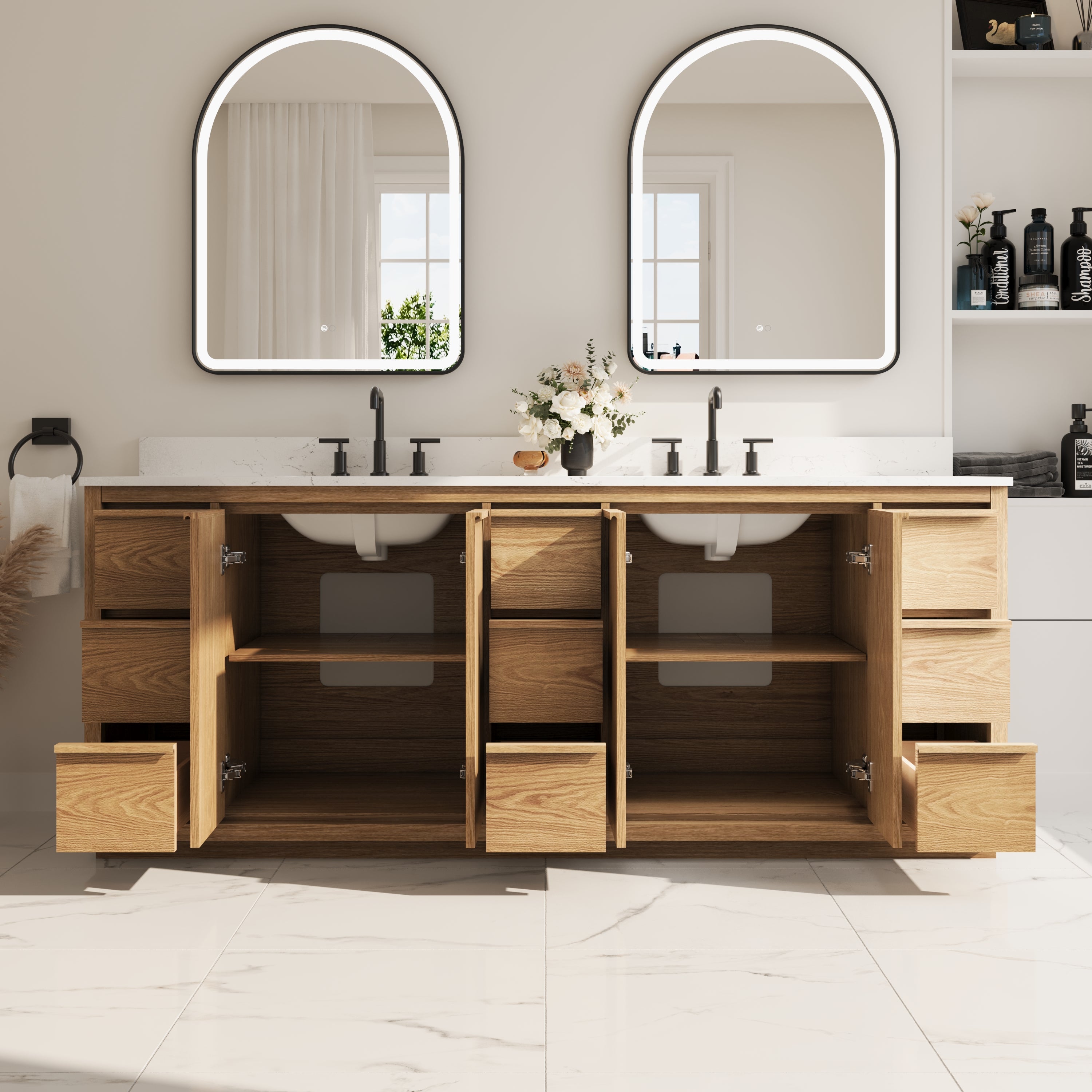 84 Inch Oak Soild Wood Bathroom Vanity with Double Undermount Sinks, 9 Dovetail-constructed Drawers and 4 Soft-close Doors