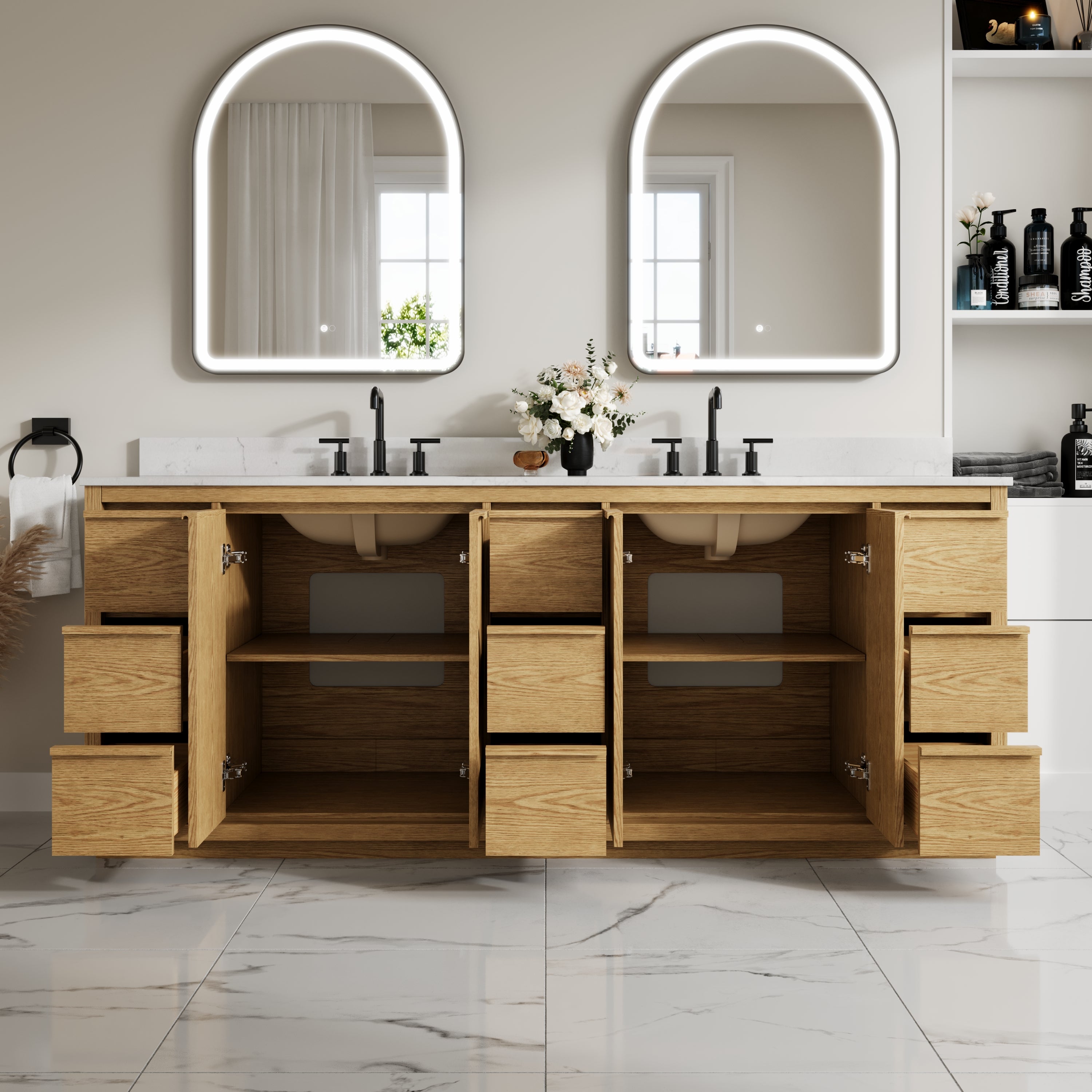 84 Inch Oak Soild Wood Bathroom Vanity with Double Undermount Sinks, 9 Dovetail-constructed Drawers and 4 Soft-close Doors