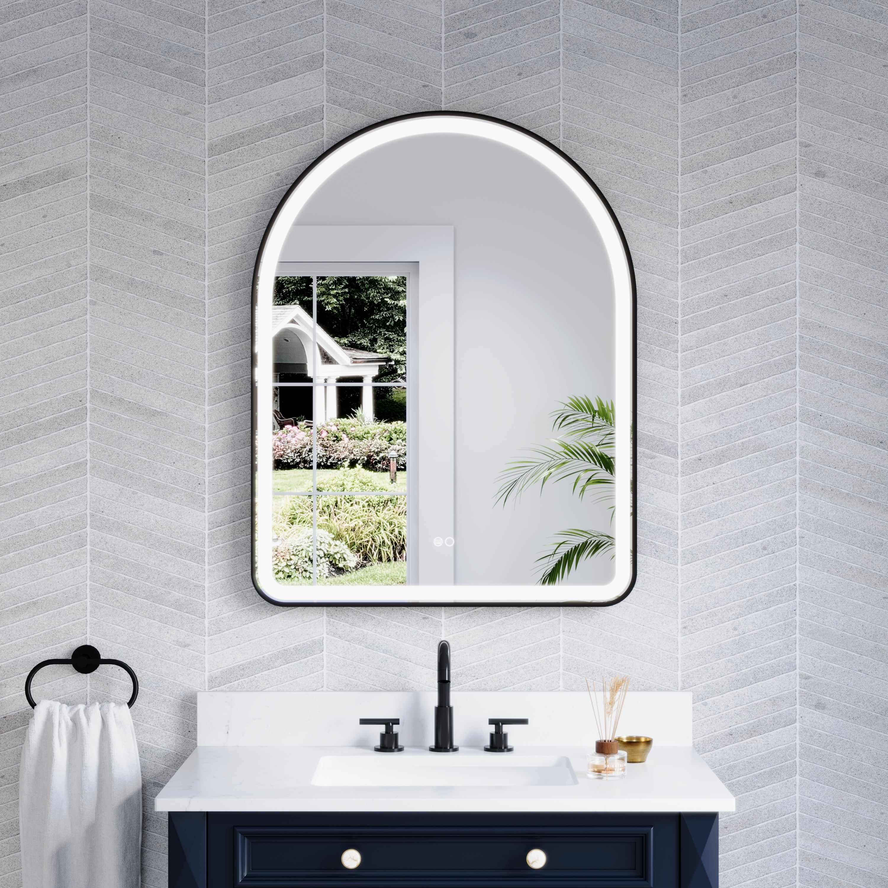 28 in. W x 36 in. H Arched Black Framed LED Light Mirror, Wall Anti-Fog Bathroom Vanity Mirror