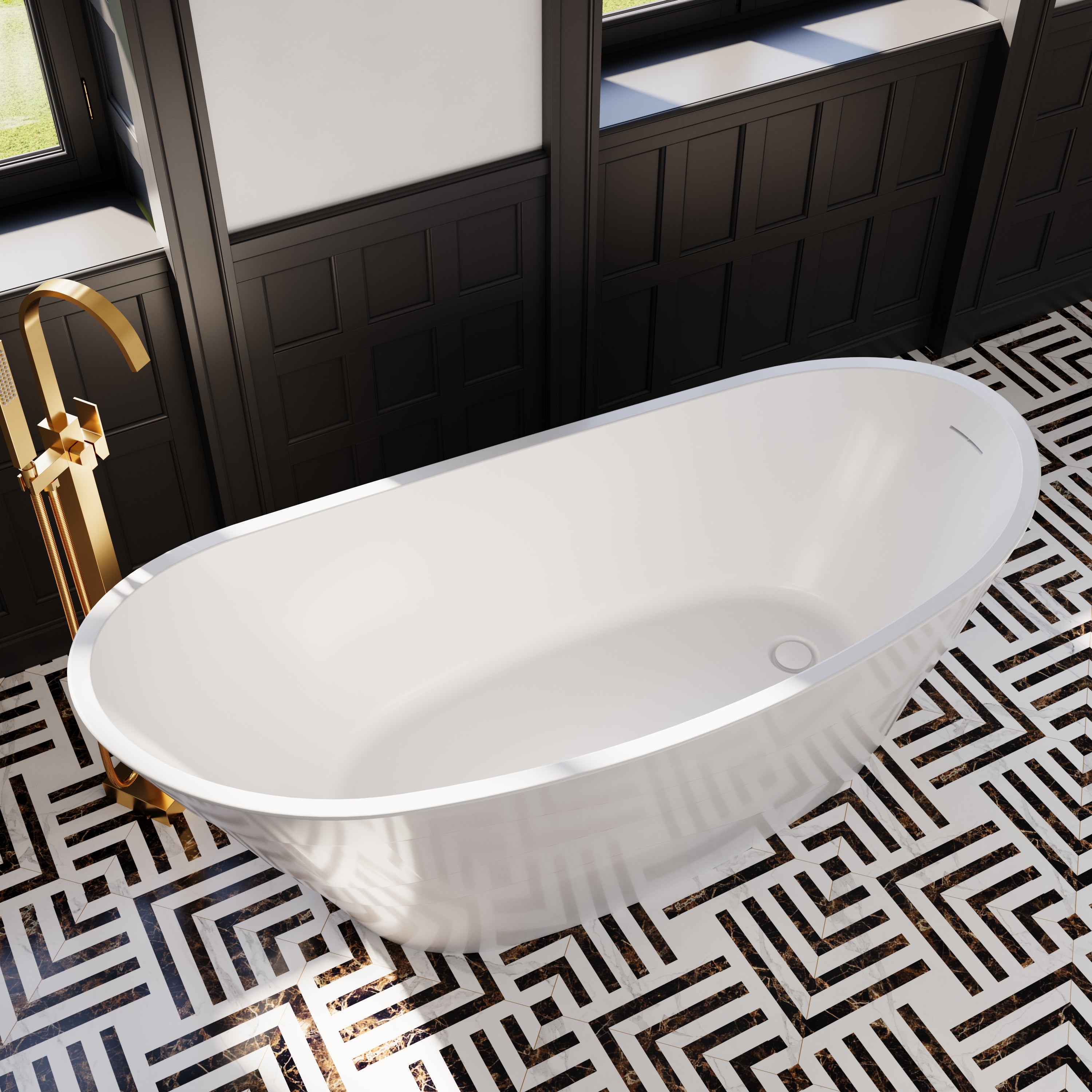 67" Acrylic Freestanding Soaking Bathtub in Glossy White with Pop-up Drainer and Groove Overflow