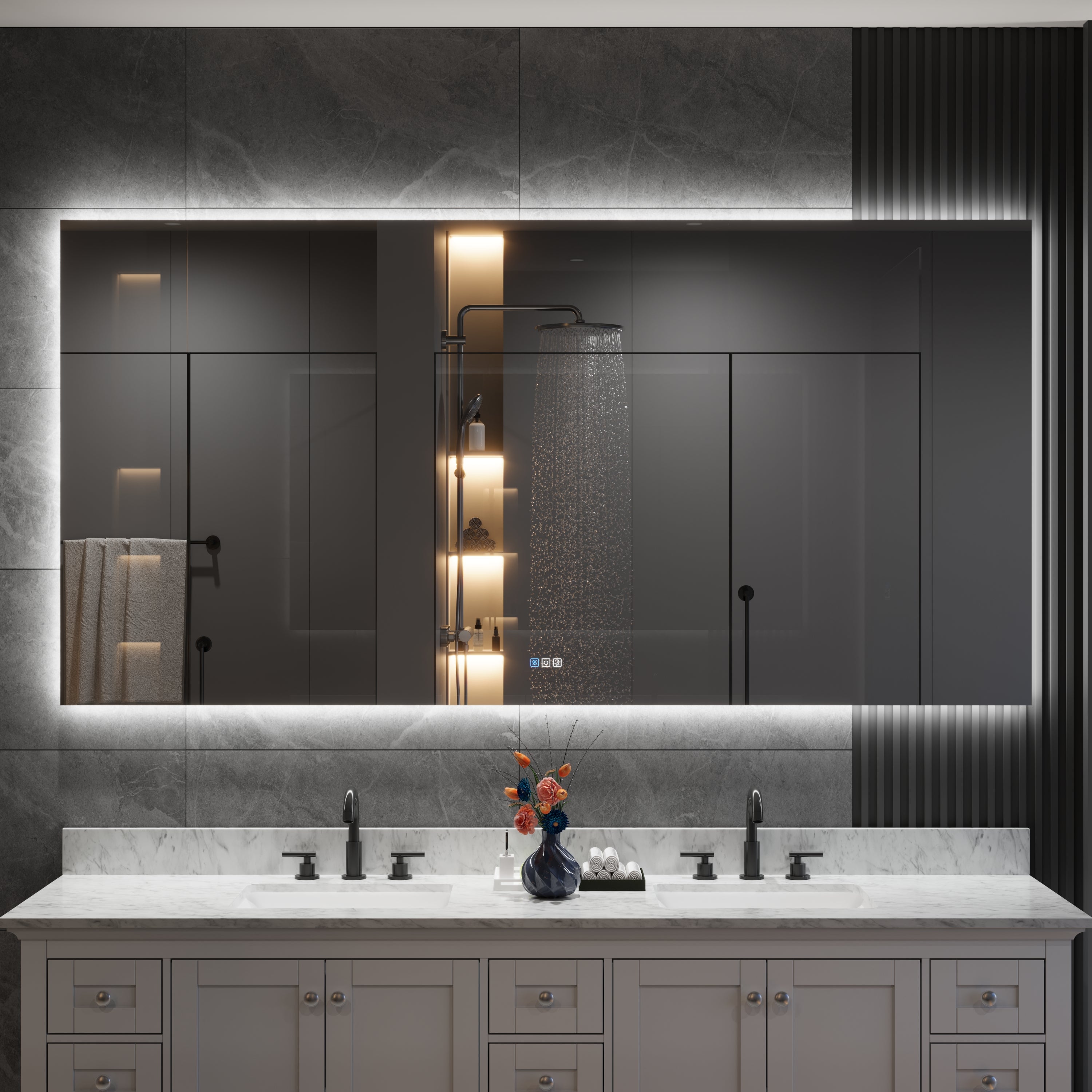 84 in. W x 42 in. H Rectangular Frameless Anti-Fog LED Light Dimmable Bathroom Vanity Mirror in Aluminum