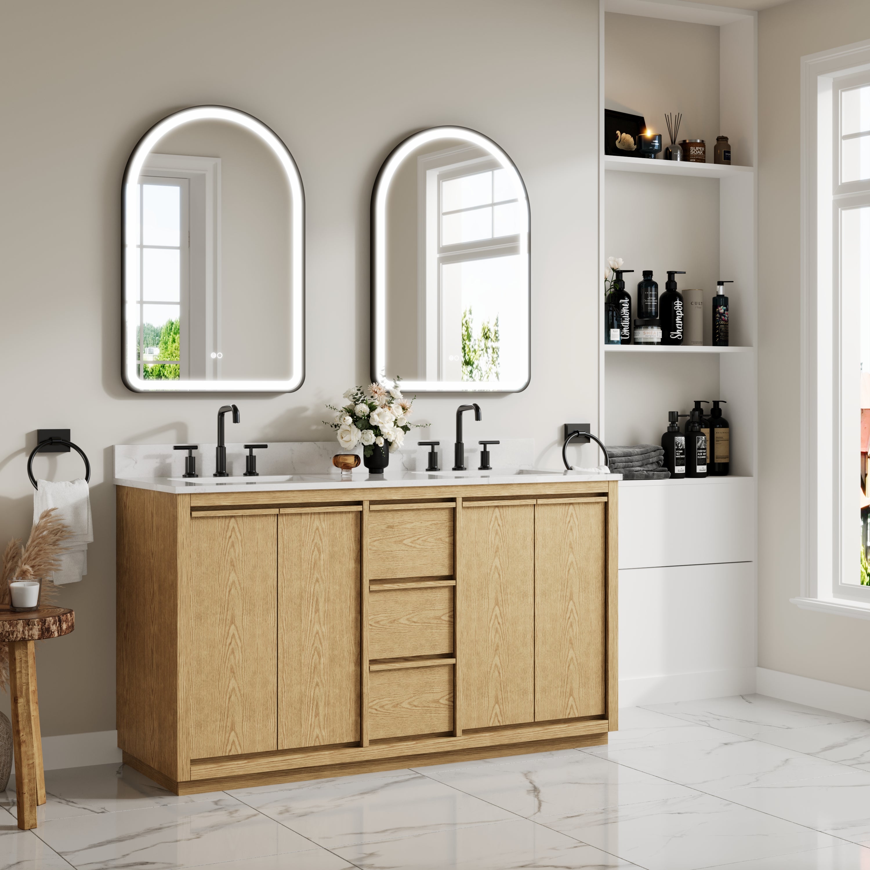 60 Inch Oak Soild Wood Bathroom Vanity with Double Undermount Sinks, 3 Dovetail-constructed Drawers and 4 Soft-close Doors