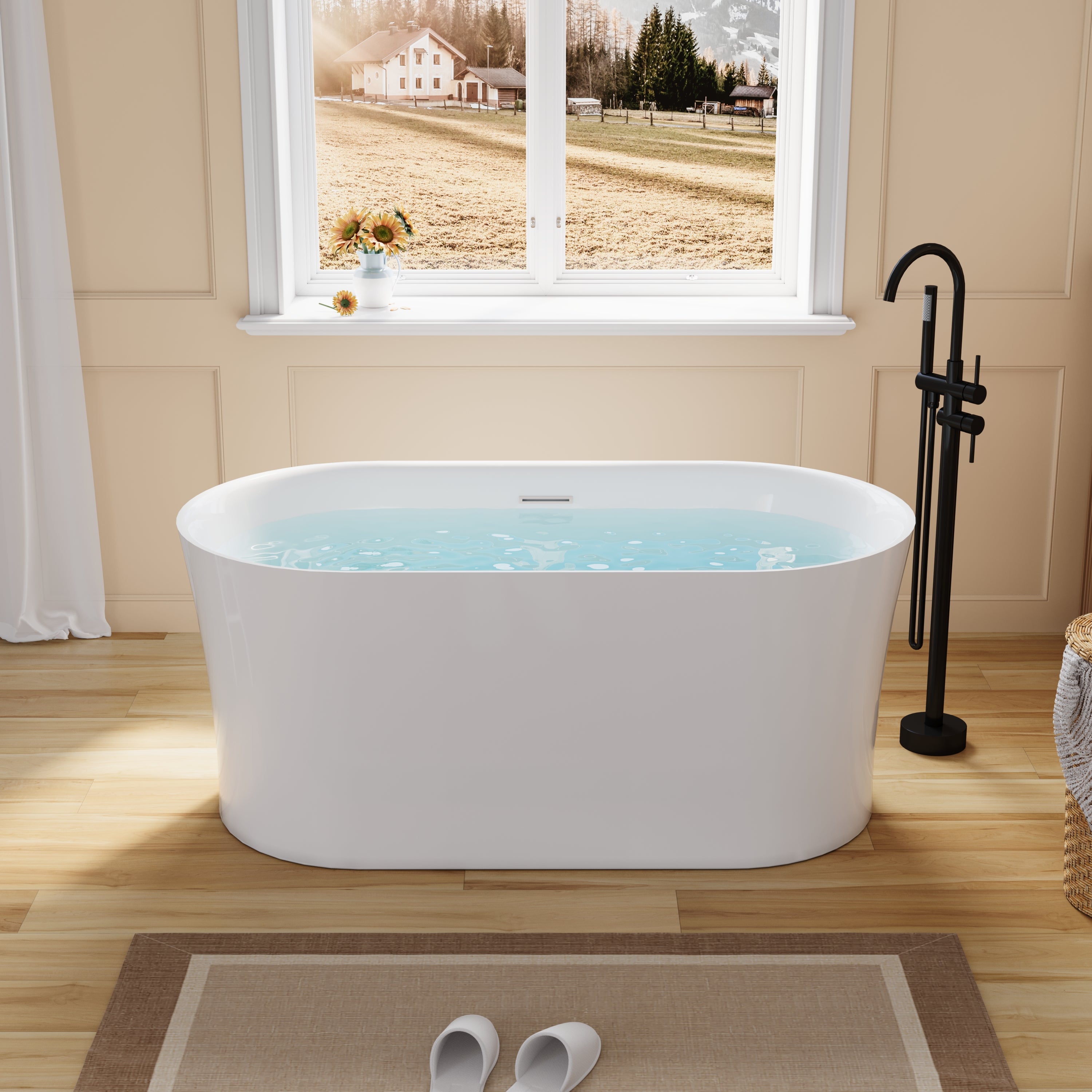 59" Acrylic Freestanding Soaking Bathtub in White with Overflow and Drain