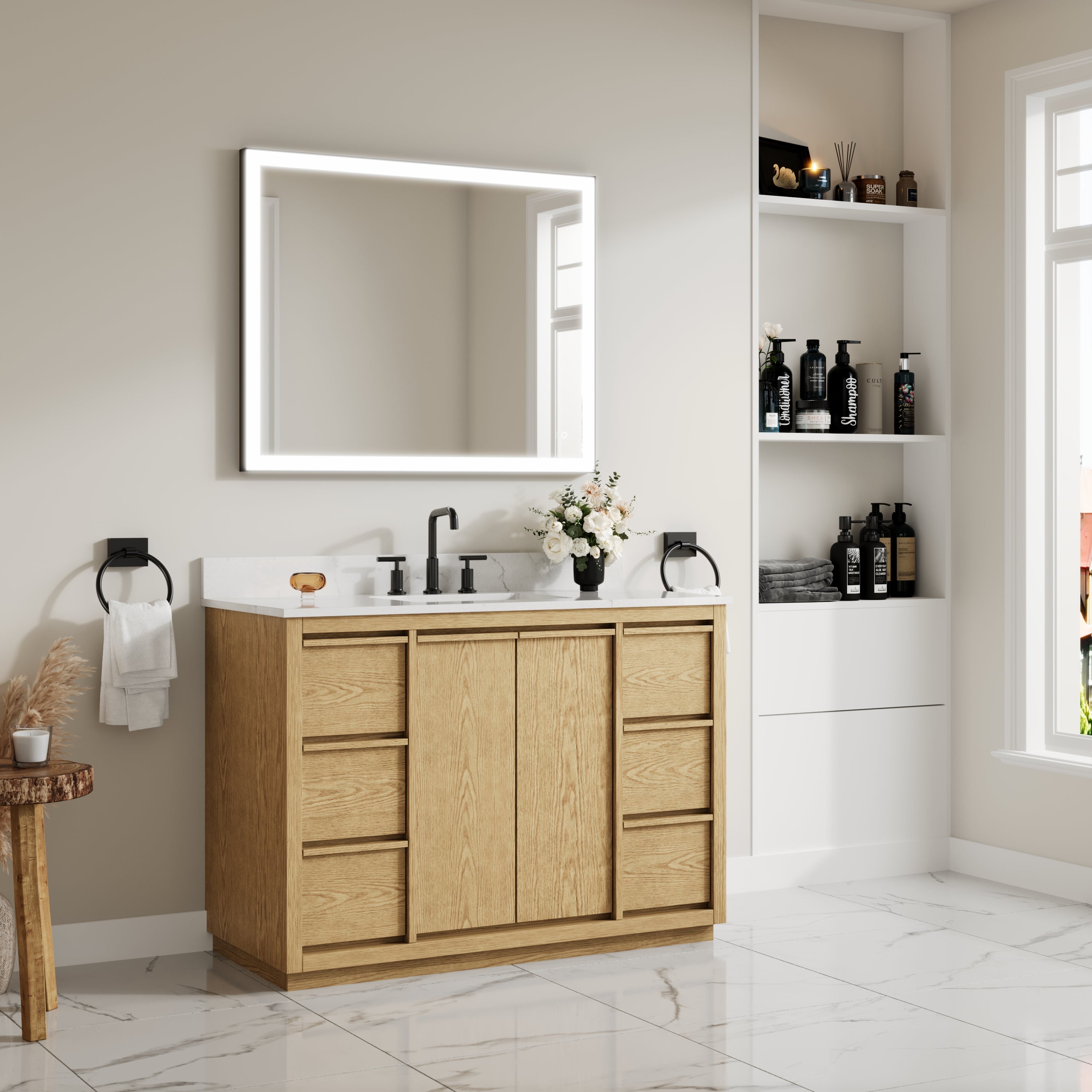 48 Inch Oak Soild Wood Bathroom Vanity with Sink, 6 Dovetail-constructed Drawers and 2 Soft-close Doors