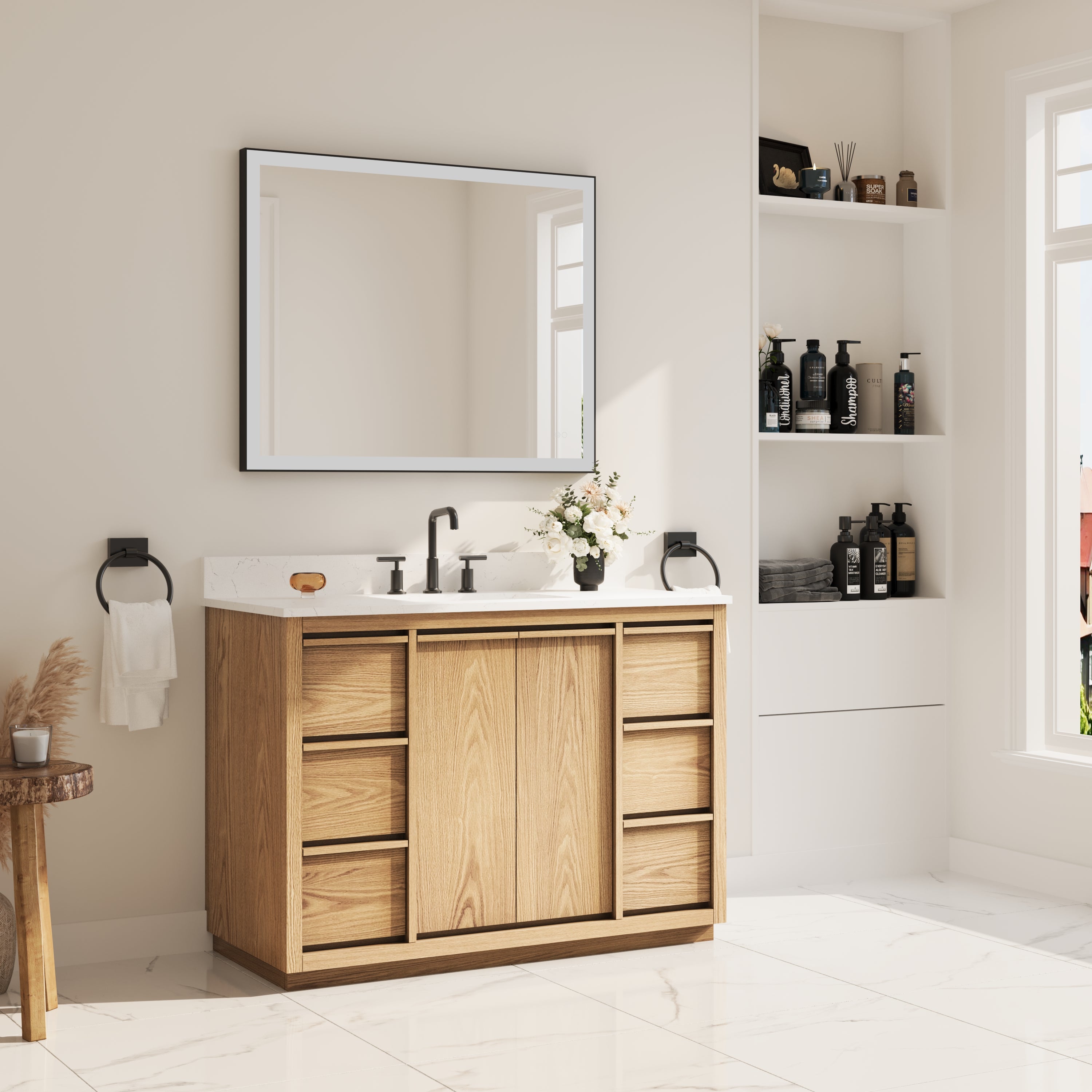 48 Inch Oak Soild Wood Bathroom Vanity with Sink, 6 Dovetail-constructed Drawers and 2 Soft-close Doors