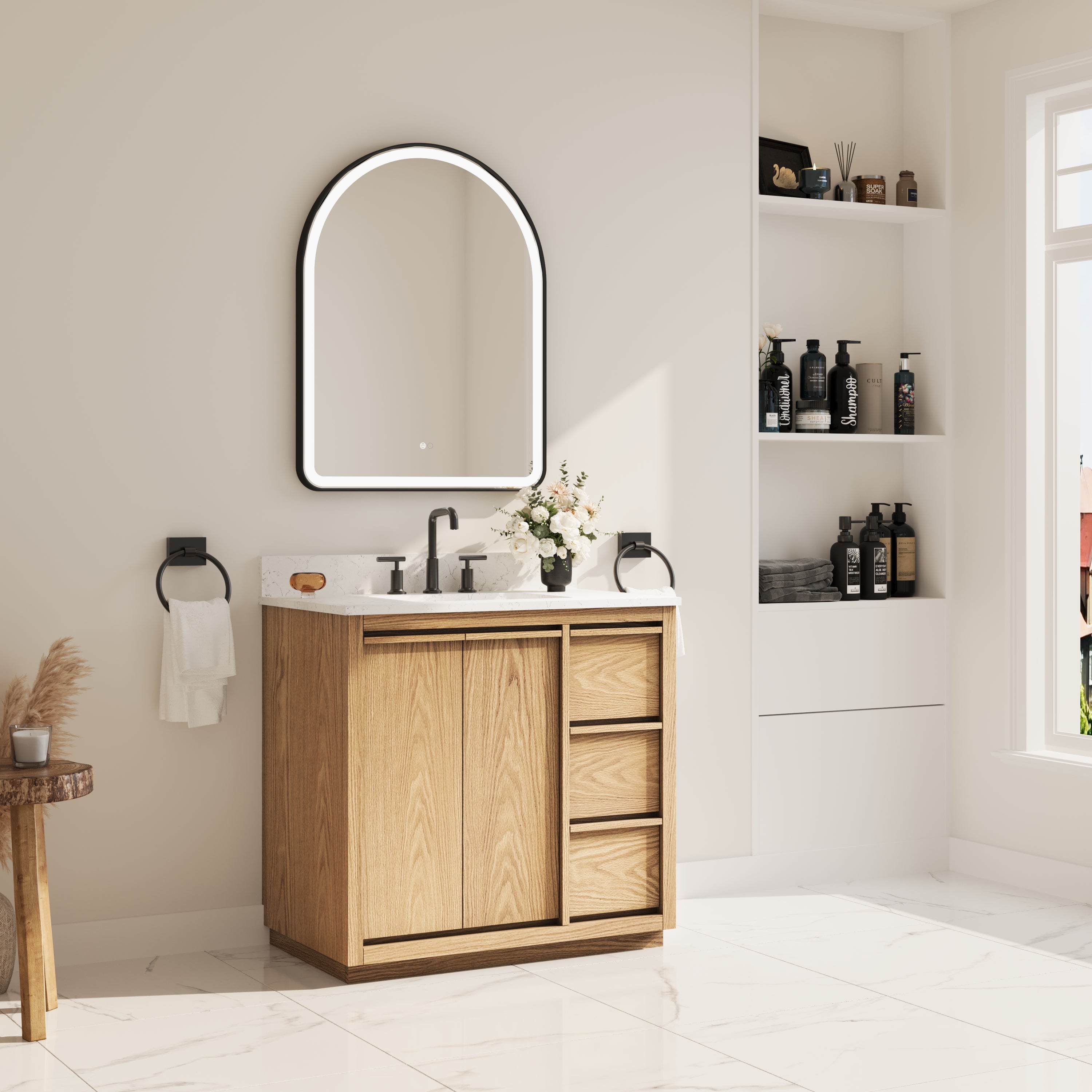 36 Inch Oak Soild Wood Bathroom Vanity with Sink, 3 Dovetail-constructed Drawers and 2 Soft-close Doors