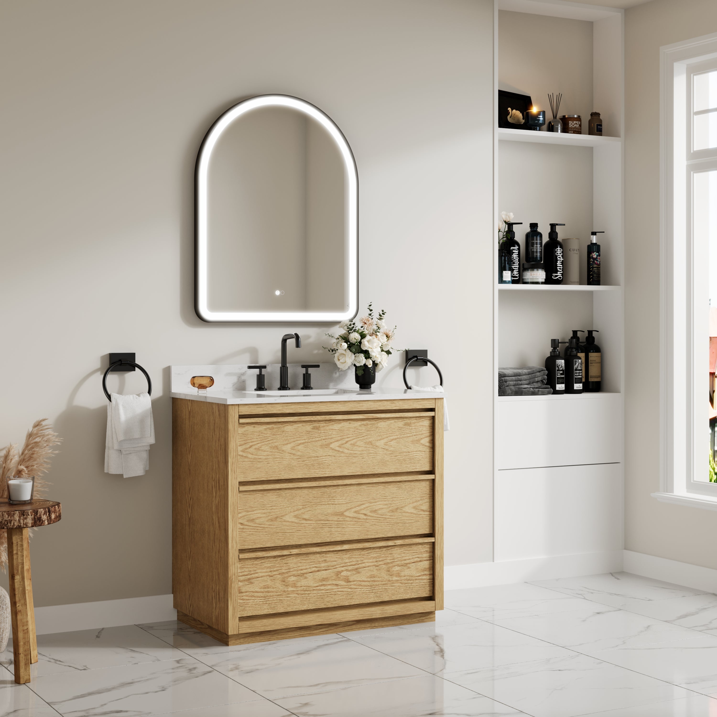 36 Inch Oak Soild Wood Bathroom Vanity with Single Undermount Sink, 3 Dovetail-constructed Drawers