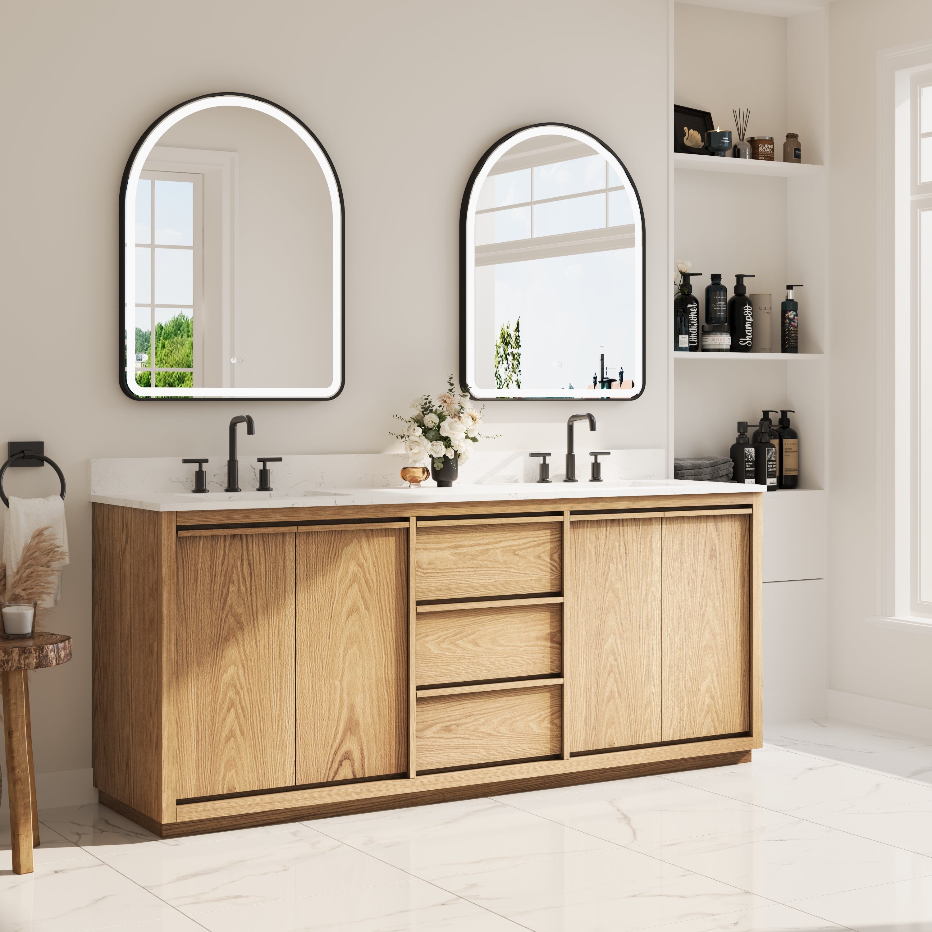 80 Inch Oak Soild Wood Bathroom Vanity with Double Undermount Sinks, 3 Dovetail-constructed Drawers and 4 Soft-close Doors