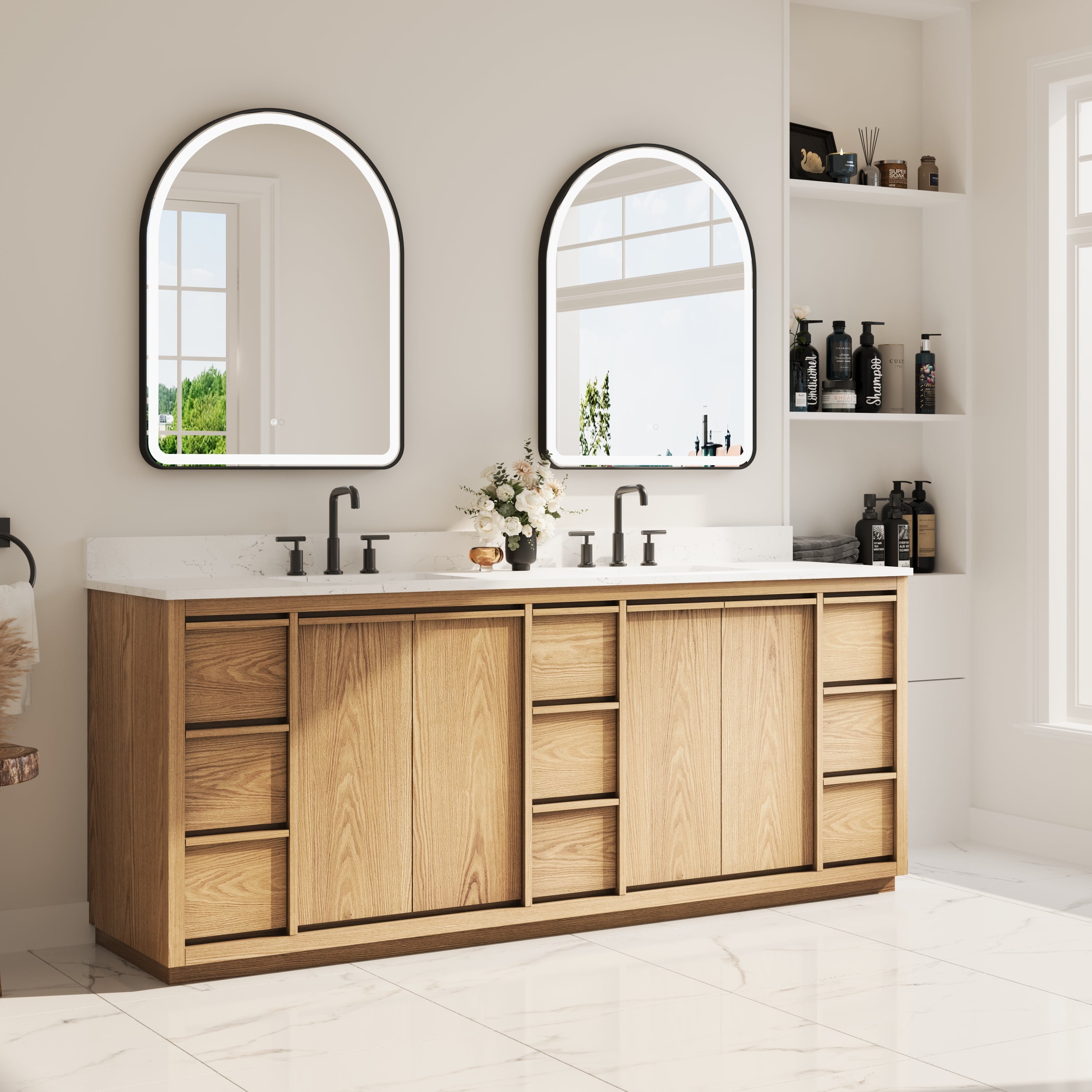 84 Inch Oak Soild Wood Bathroom Vanity with Double Undermount Sinks, 9 Dovetail-constructed Drawers and 4 Soft-close Doors