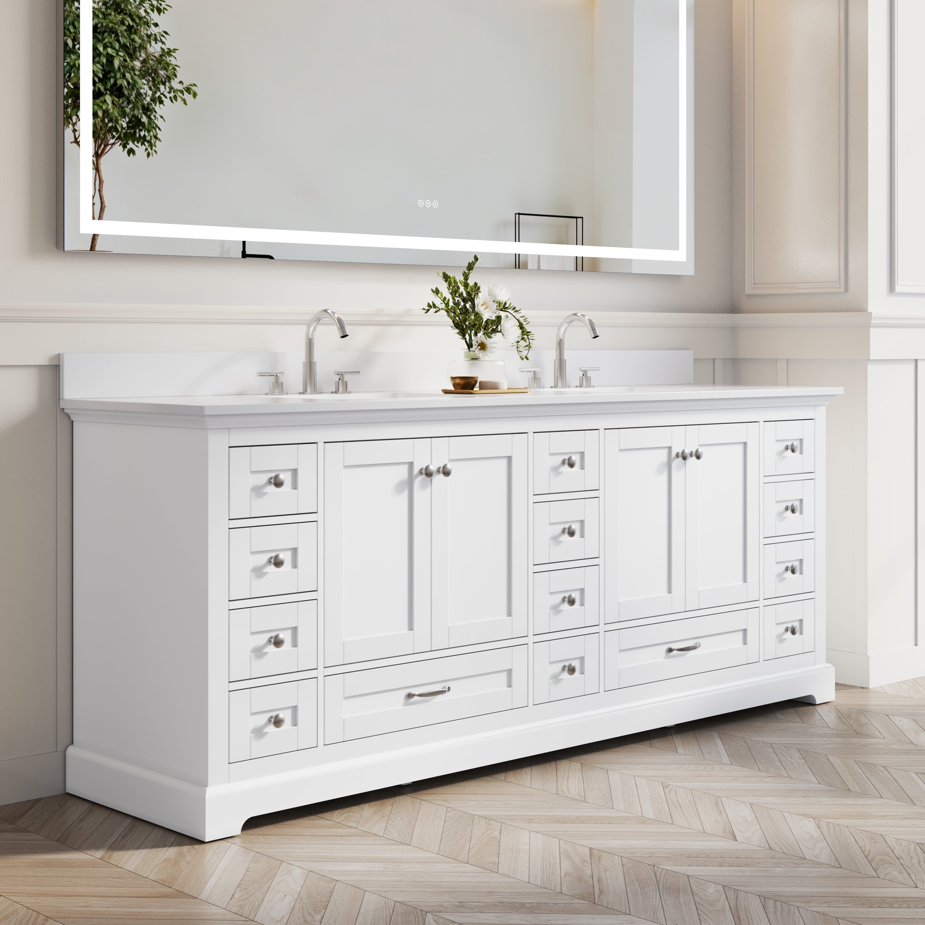 84" White Double Sinks Bathroom Vanity with Solid Wood Frame, Soft Close 14 Drawers & Pure White Cultured Marble Countertop