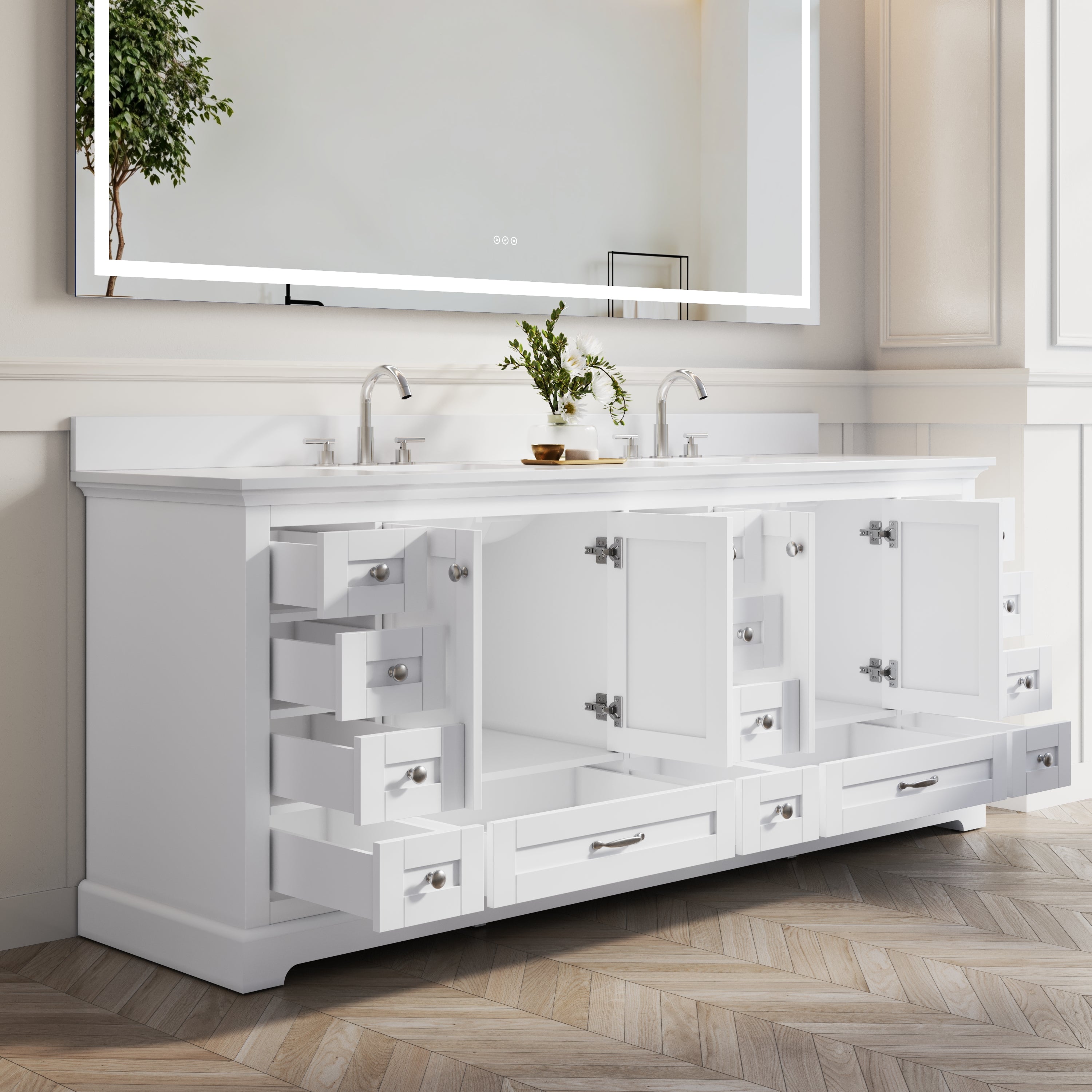84" White Double Sinks Bathroom Vanity with Solid Wood Frame, Soft Close 14 Drawers & Pure White Cultured Marble Countertop
