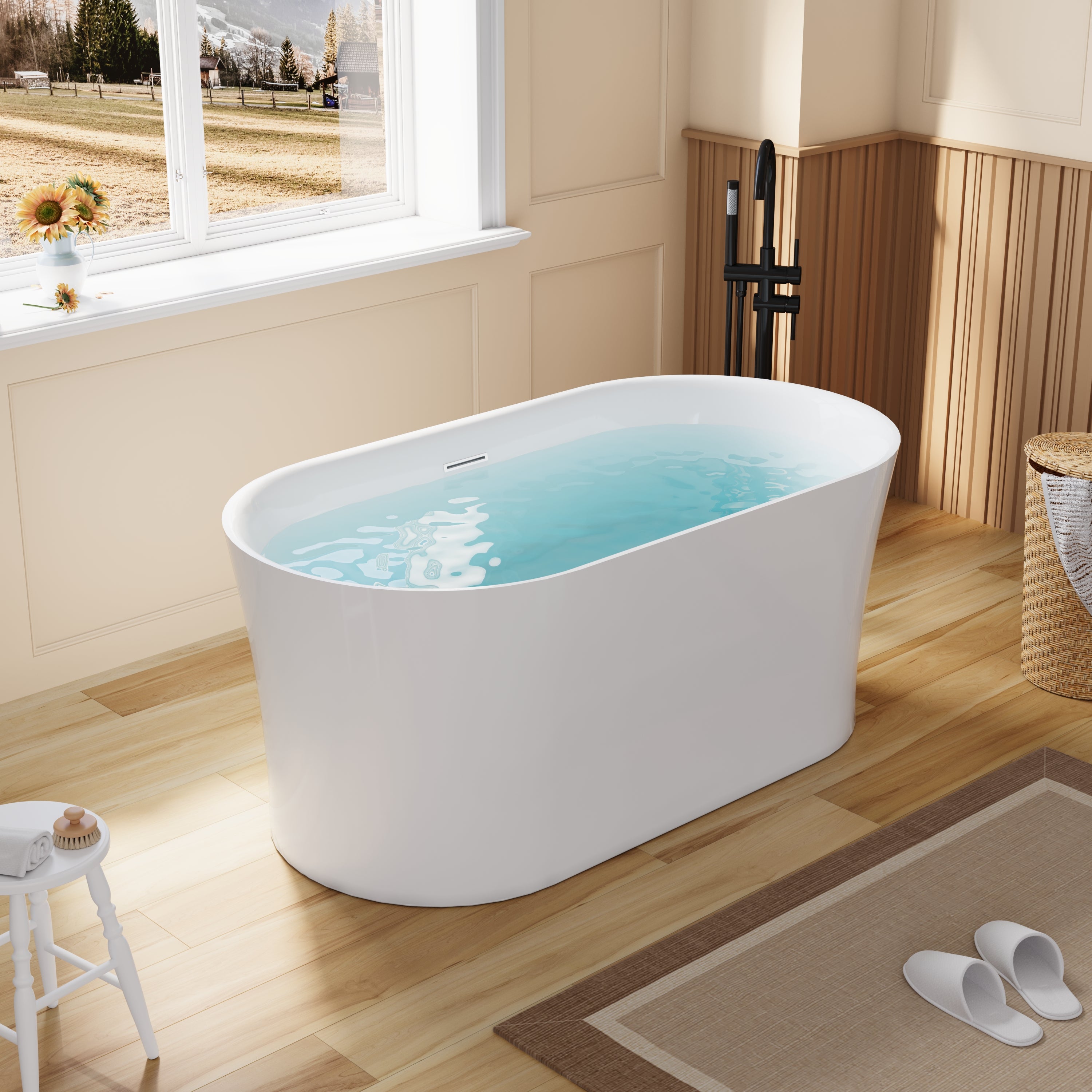 59" Acrylic Freestanding Soaking Bathtub in White with Overflow and Drain