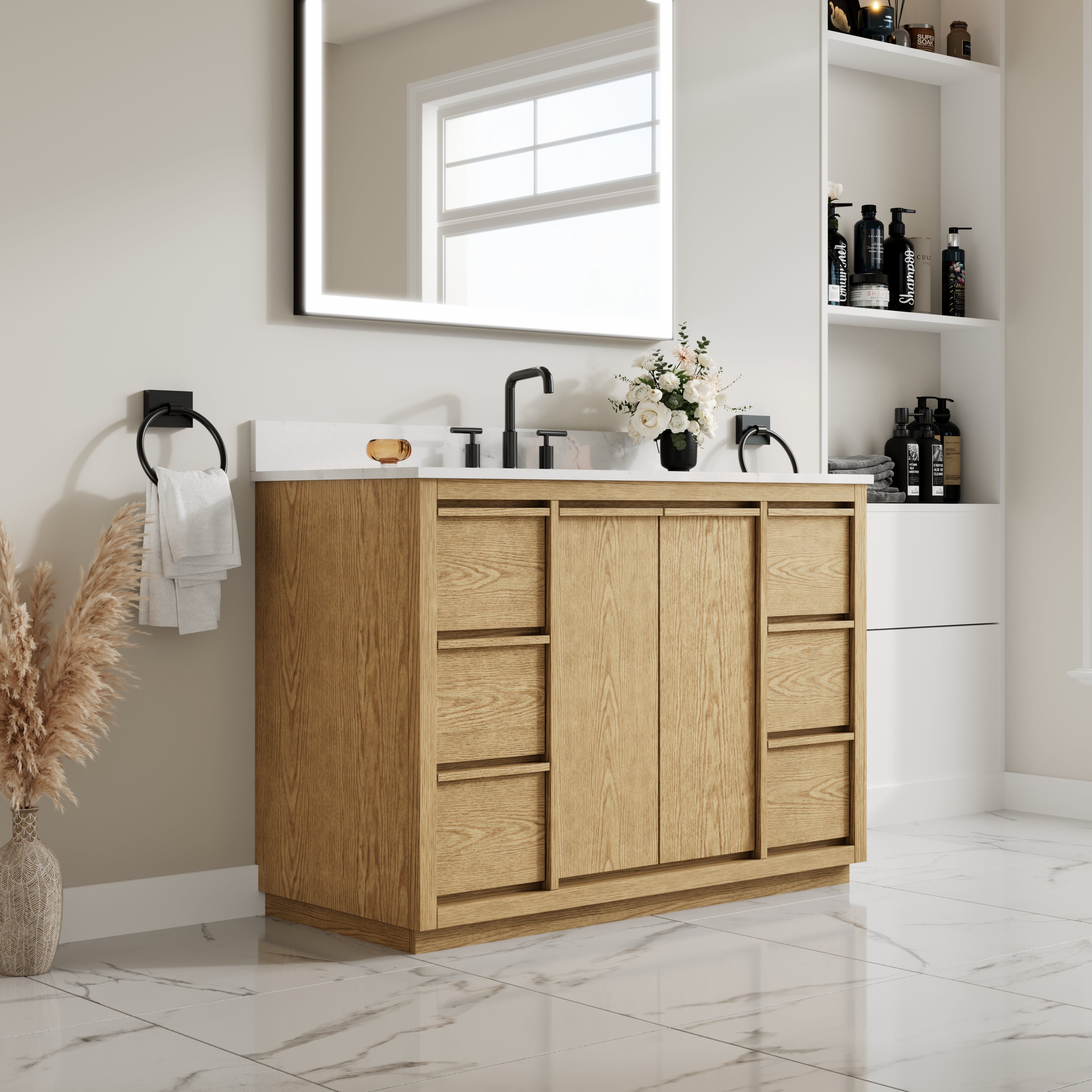 48 Inch Oak Soild Wood Bathroom Vanity with Sink, 6 Dovetail-constructed Drawers and 2 Soft-close Doors
