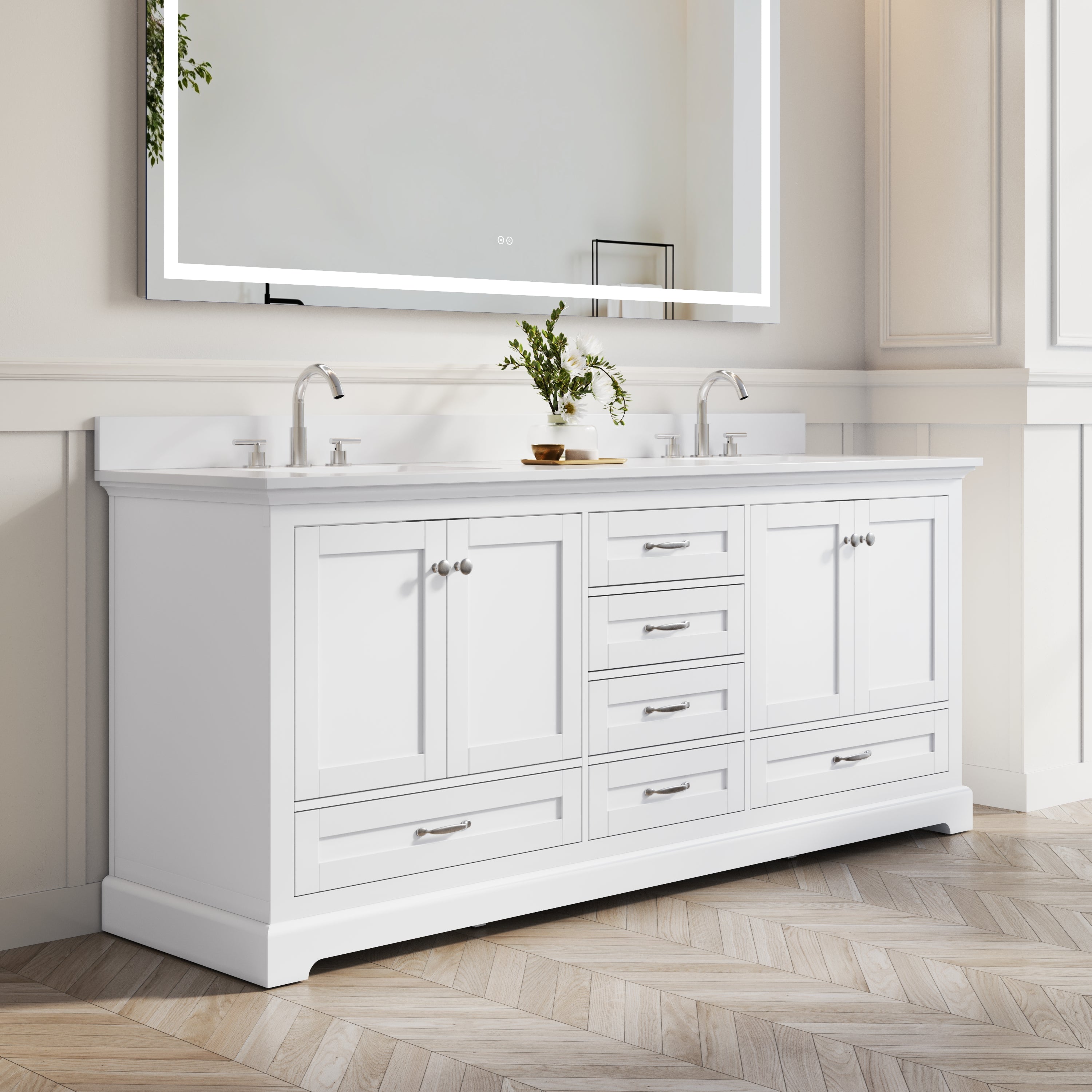 80" White Double Sinks Bathroom Vanity with Solid Wood Frame, Soft Close 6 Drawers, Pure White Cultured Marble Countertop