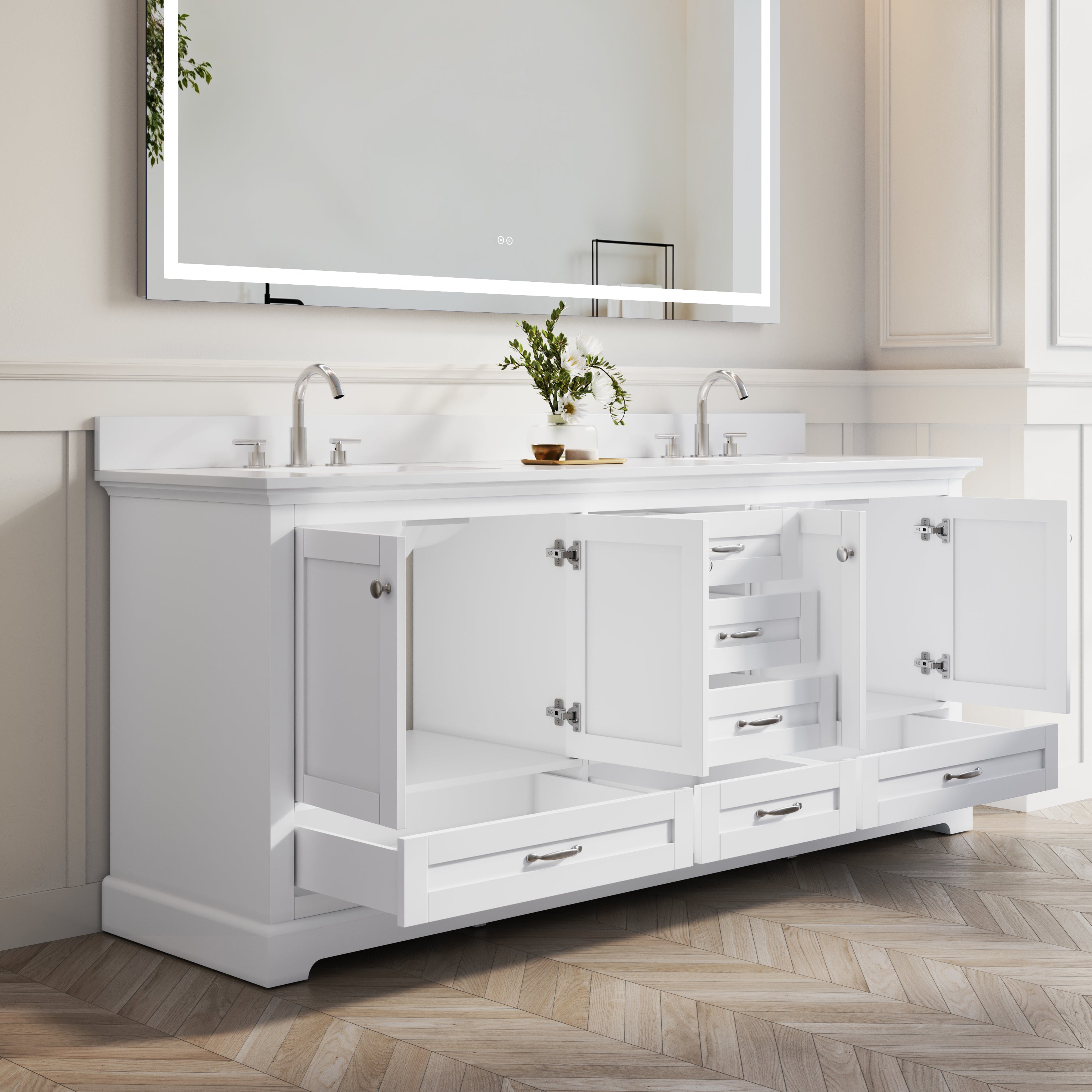 80" White Double Sinks Bathroom Vanity with Solid Wood Frame, Soft Close 6 Drawers, Pure White Cultured Marble Countertop