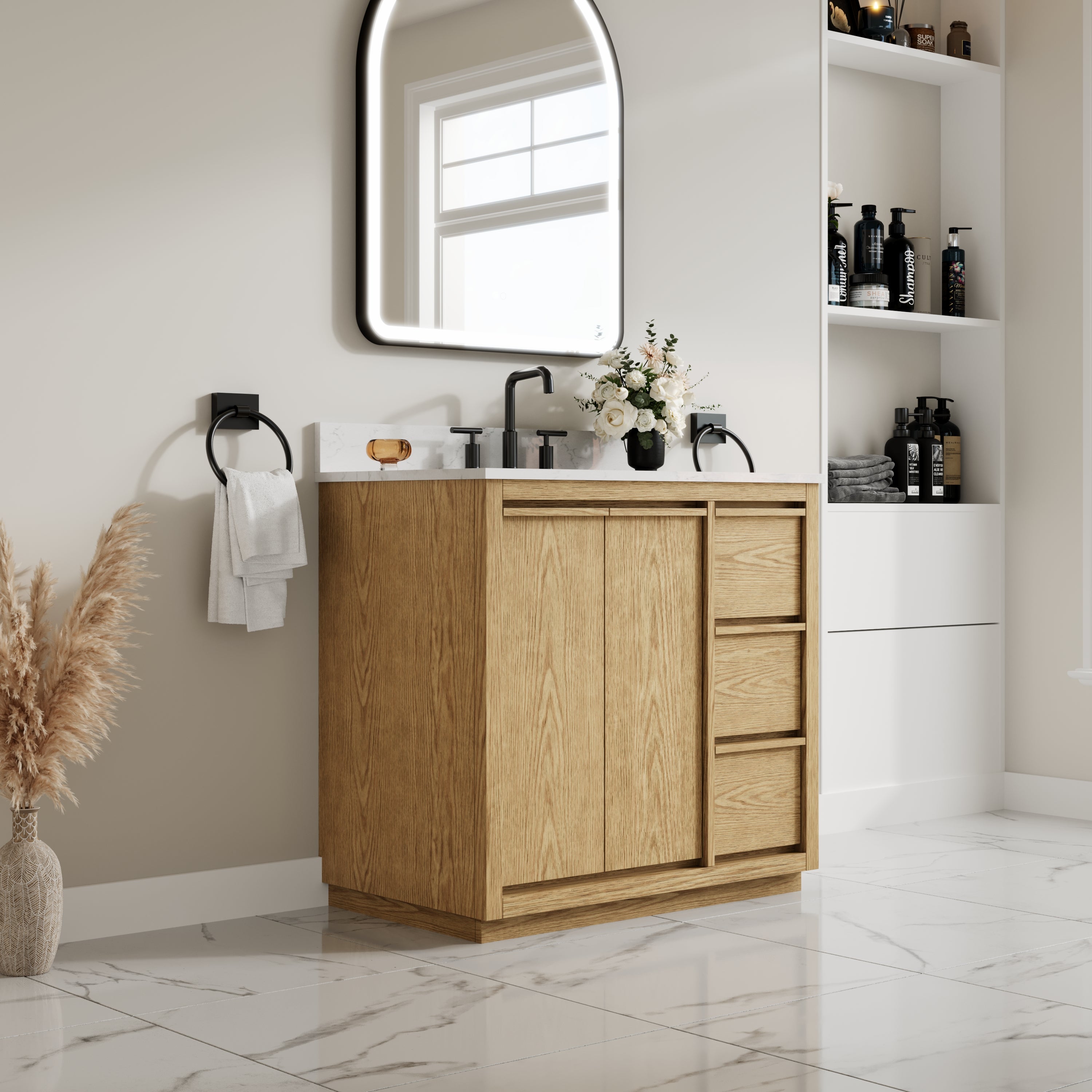 36 Inch Oak Soild Wood Bathroom Vanity with Sink, 3 Dovetail-constructed Drawers and 2 Soft-close Doors