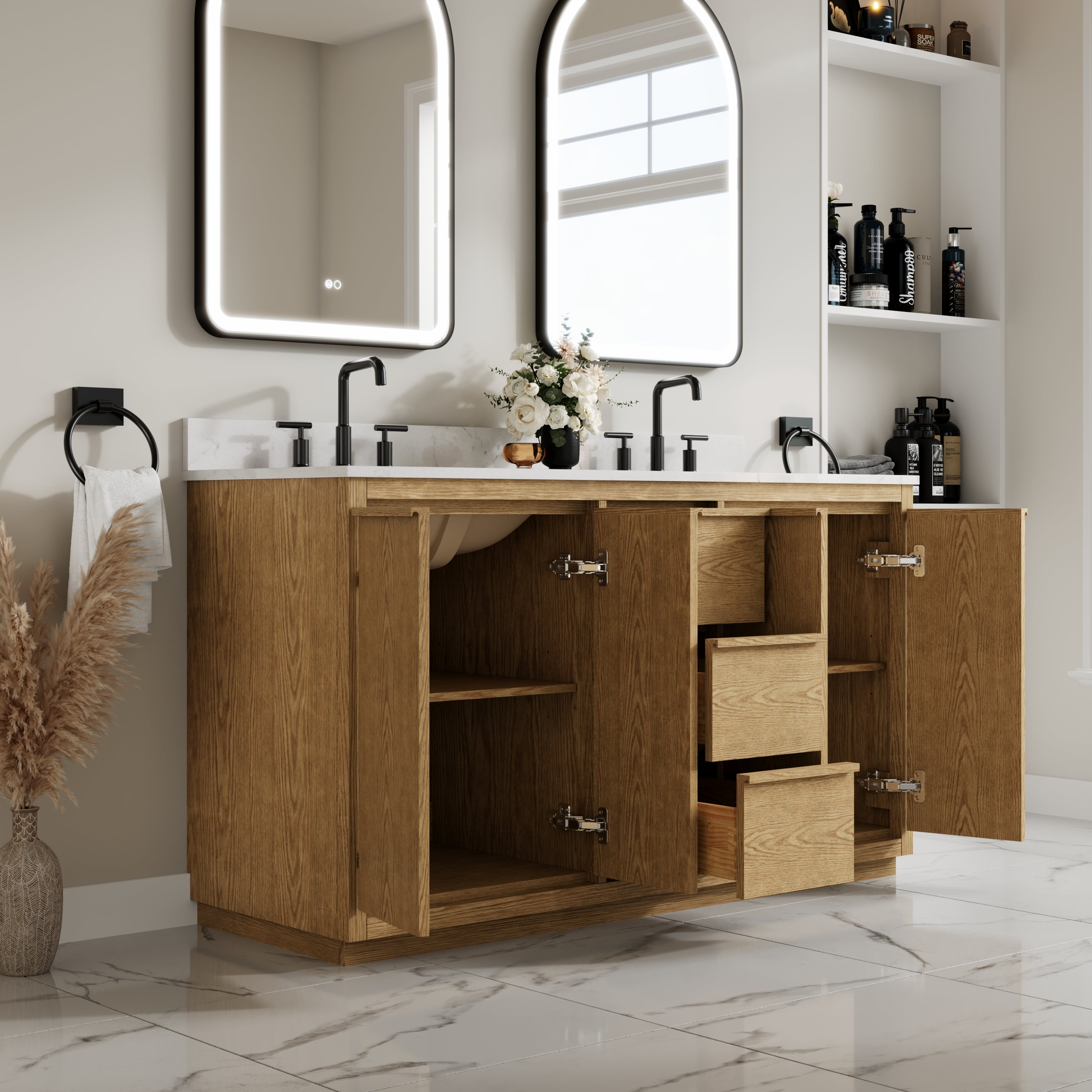 60 Inch Oak Soild Wood Bathroom Vanity with Double Undermount Sinks, 3 Dovetail-constructed Drawers and 4 Soft-close Doors