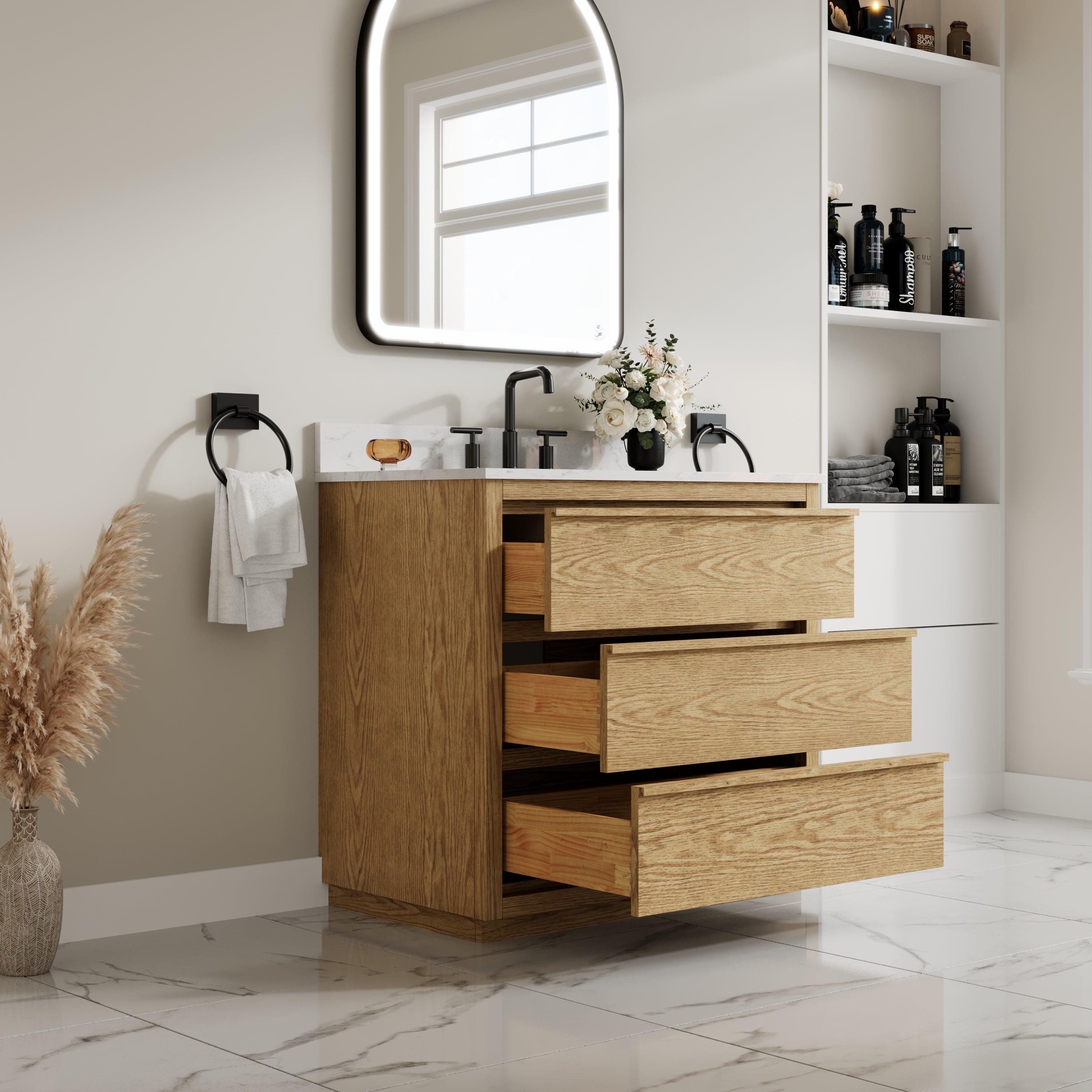 36 Inch Oak Soild Wood Bathroom Vanity with Single Undermount Sink, 3 Dovetail-constructed Drawers
