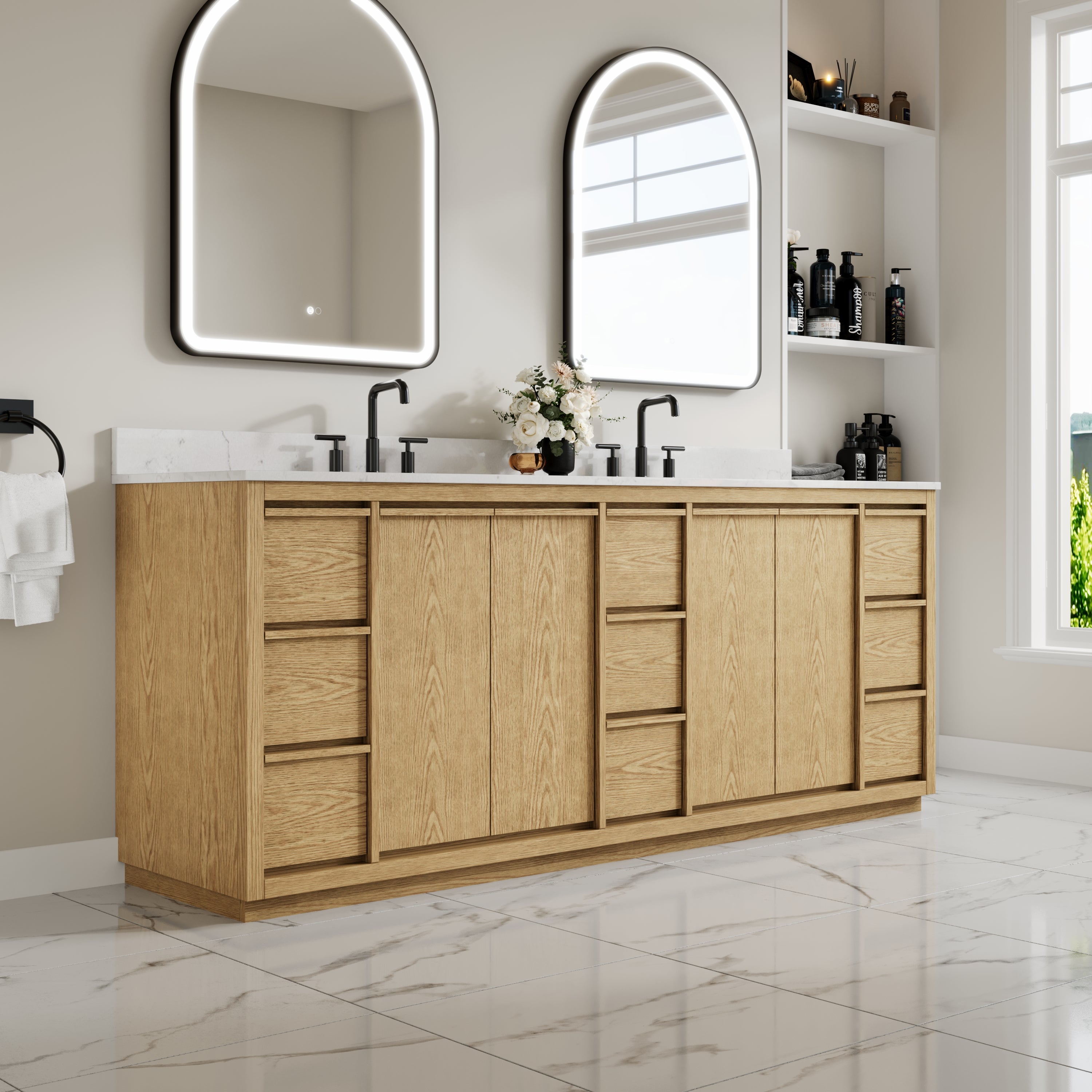 84 Inch Oak Soild Wood Bathroom Vanity with Double Undermount Sinks, 9 Dovetail-constructed Drawers and 4 Soft-close Doors